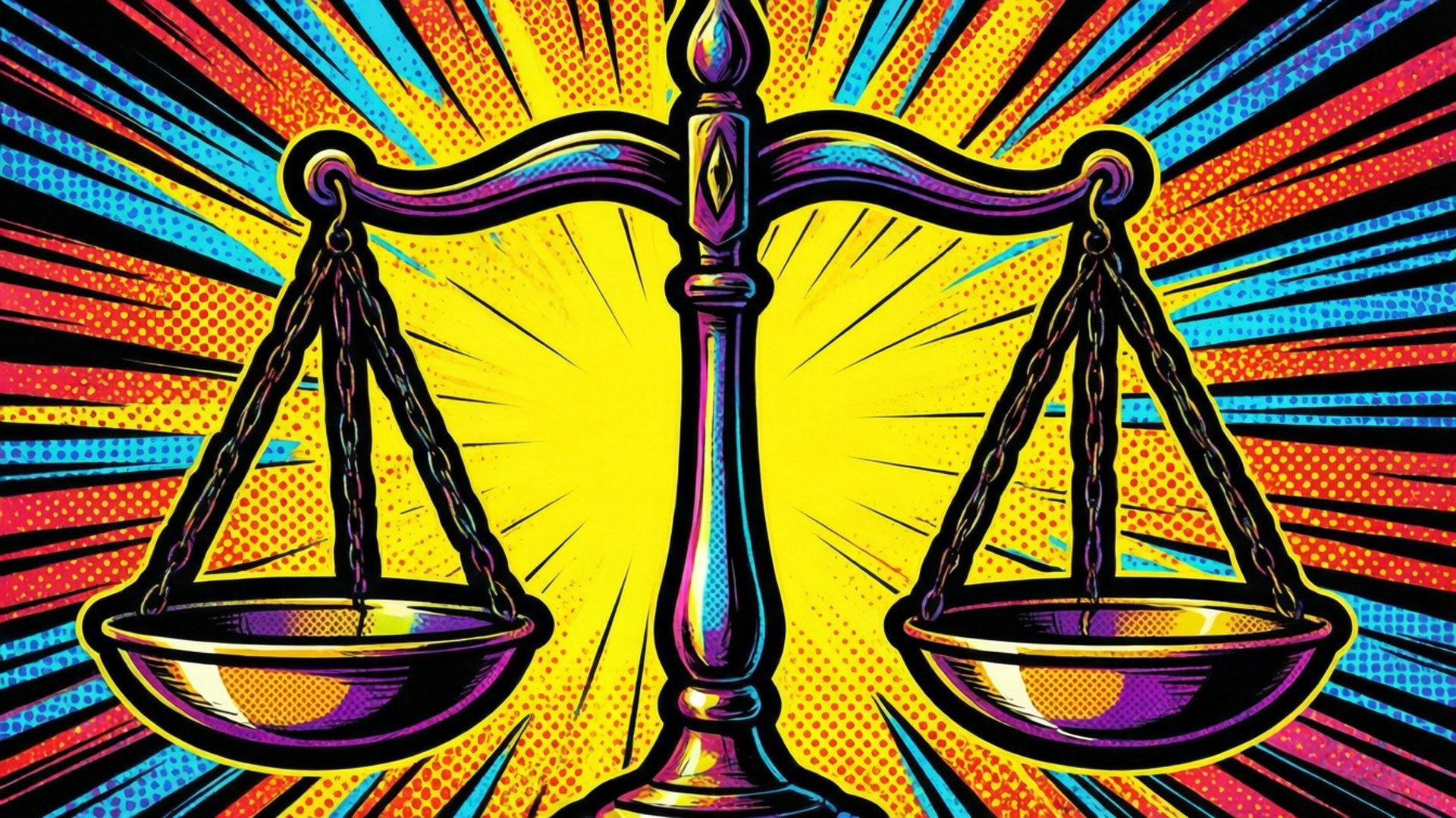 波普藝術天秤座漫畫 壁紙 — 充滿活力的漫畫風格正義天秤，在網點背景上散發出大膽的黃橙色和藍色色調。