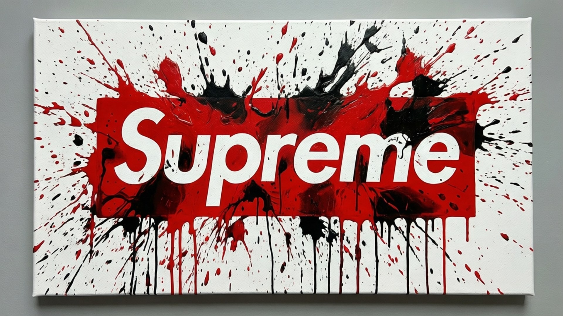 畫布藝術，紅色背景上白色「Supreme」標誌，周圍有紅色和黑色油漆飛濺和滴落。