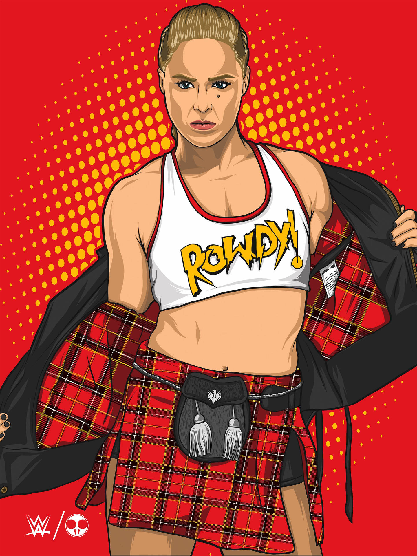 一個摔角手穿著紅色格子裙和白色露臍上衣，上面有「ROWDY!」，自信地擺姿勢。
