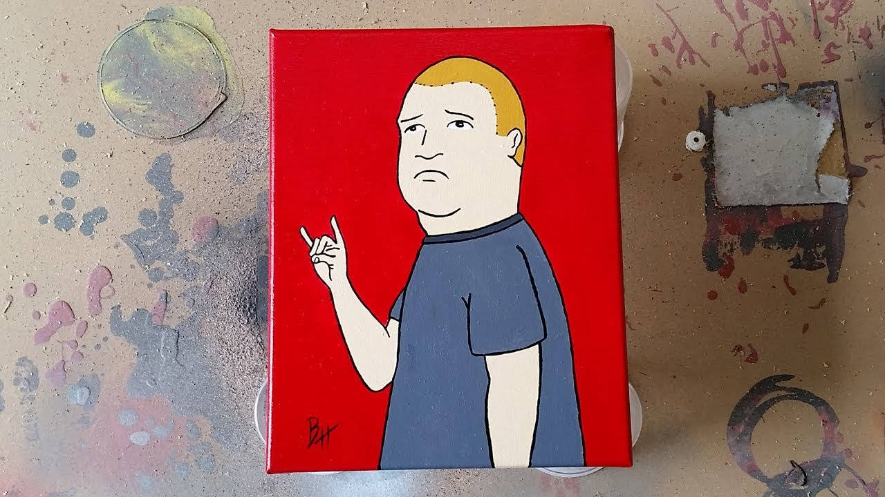 波比·希爾塗鴉藝術 壁紙 — 一幅卡通風格畫作，描繪一名金髮藍衫男子在紅色背景前做出手勢。
