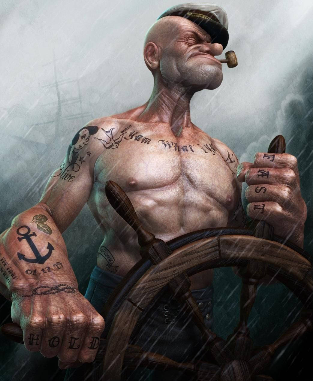 一位有紋身的水手嘴裡叼著煙斗，在暴風雨中駕駛船隻。