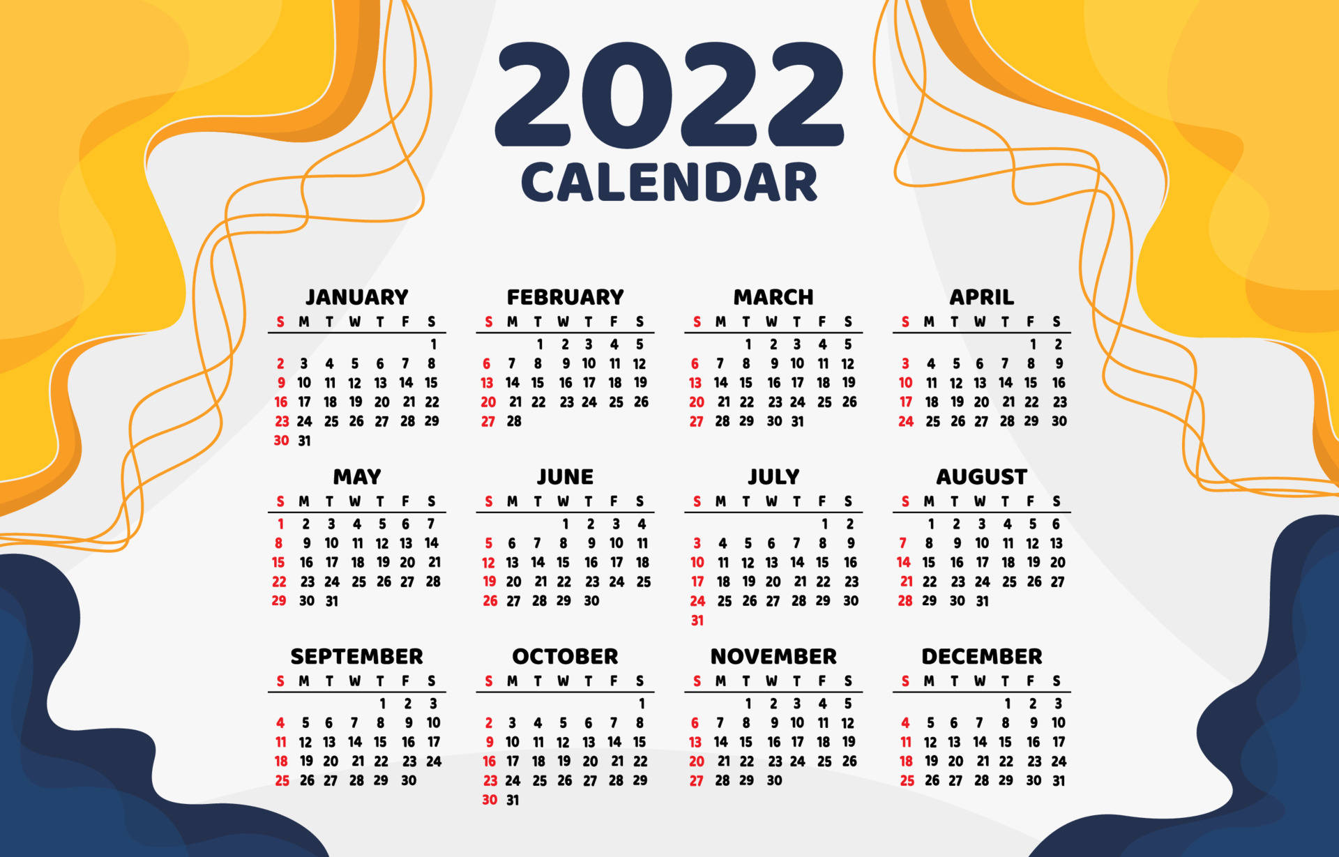 波浪紋2022日曆 壁紙 — 2022年月曆，月份以網格排列在白色背景上，周圍環繞著流動的黃色和藍色抽象波浪。
