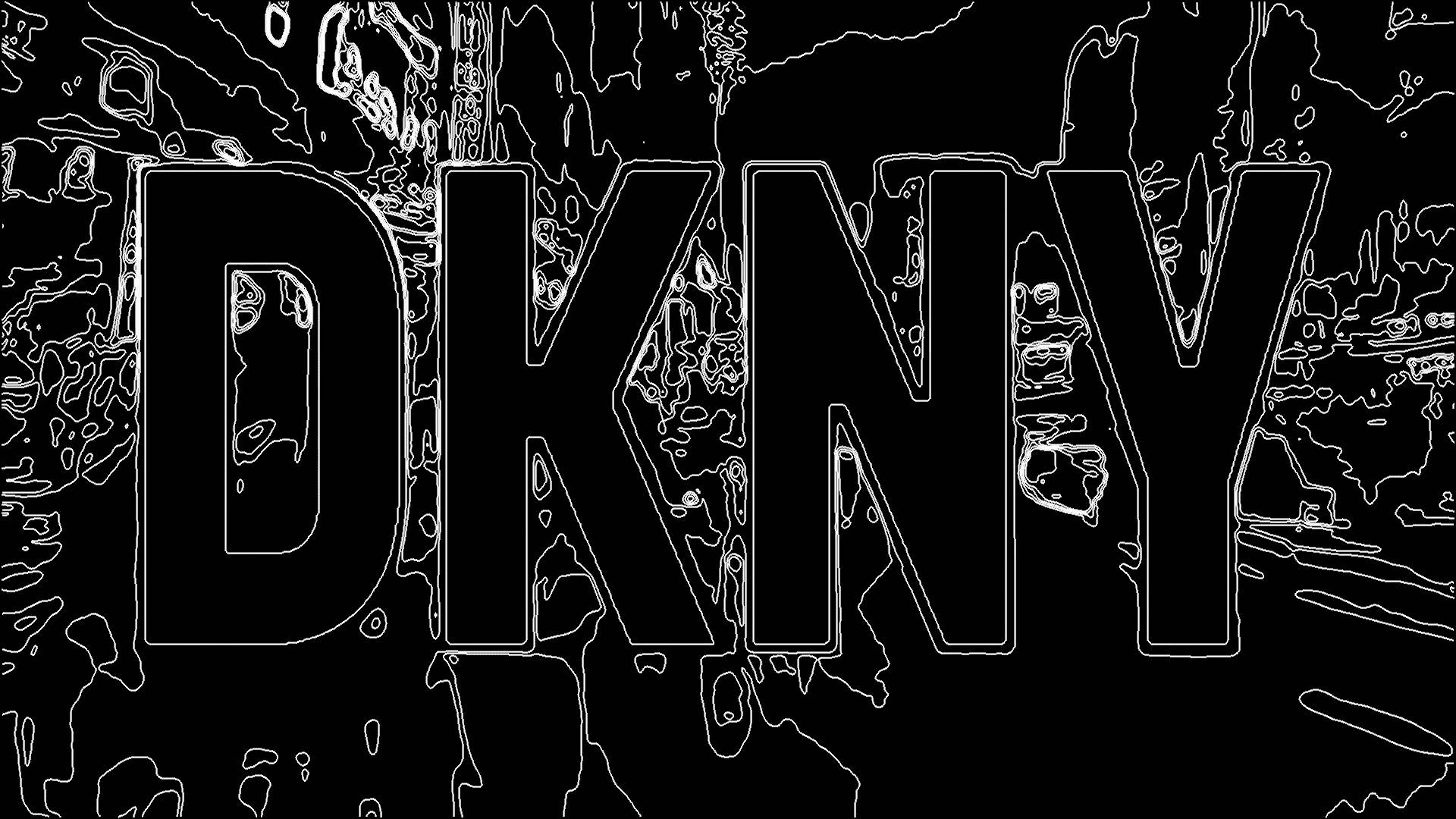 DKNY標誌以粗體白色字母呈現，帶有滴落的黑色抽象背景。