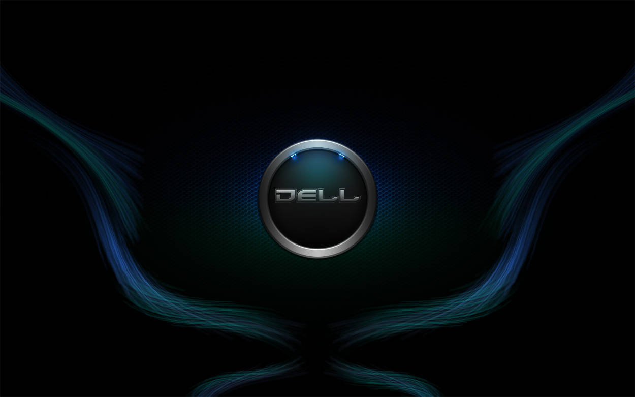 波浪線戴爾HD標誌 壁紙 — 一個時尚的 Dell 標誌在黑暗背景上發出藍光，周圍環繞著流動的藍綠色能量流。