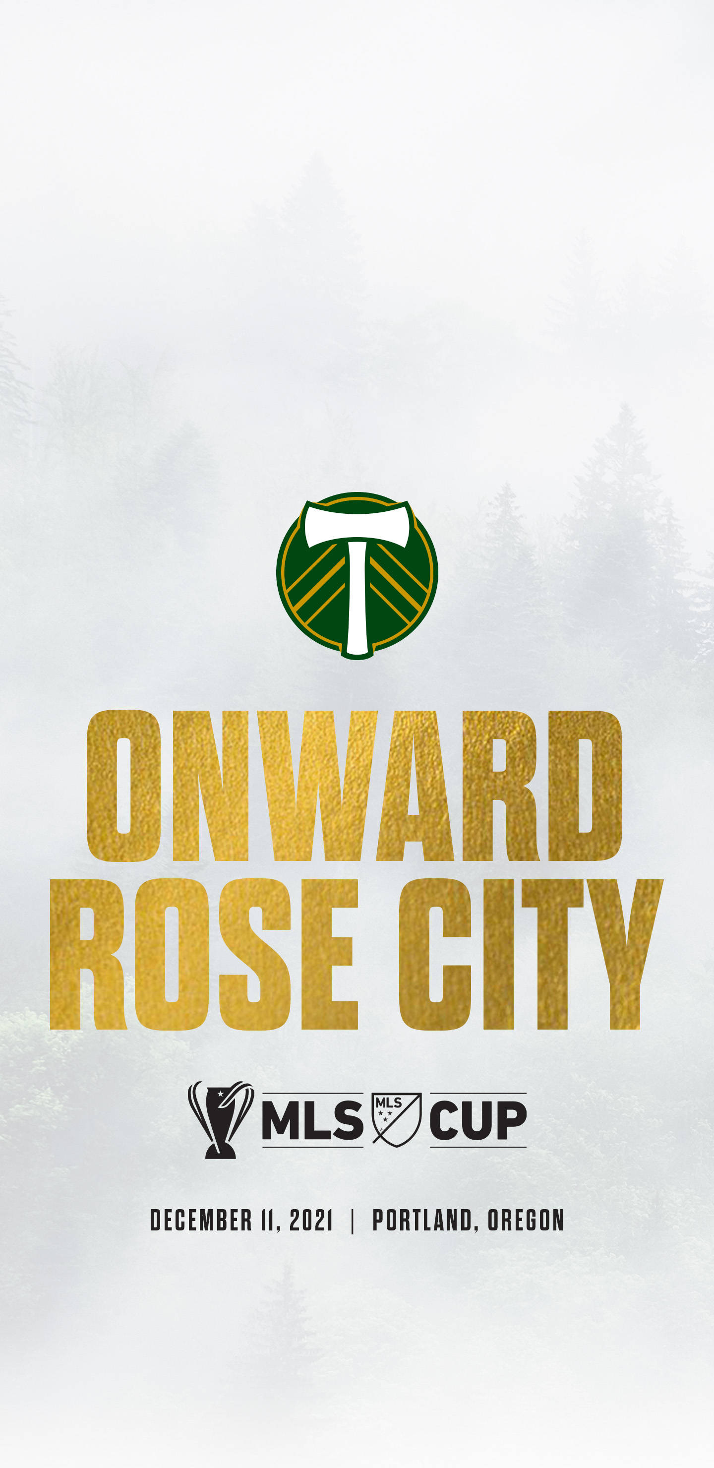波特蘭木材隊 2021 MLS 杯預告 壁紙 — 一張MLS Cup 2021的宣傳海報，以波特蘭伐木者隊標誌和金色文字為特色，背景是霧氣瀰漫的森林。