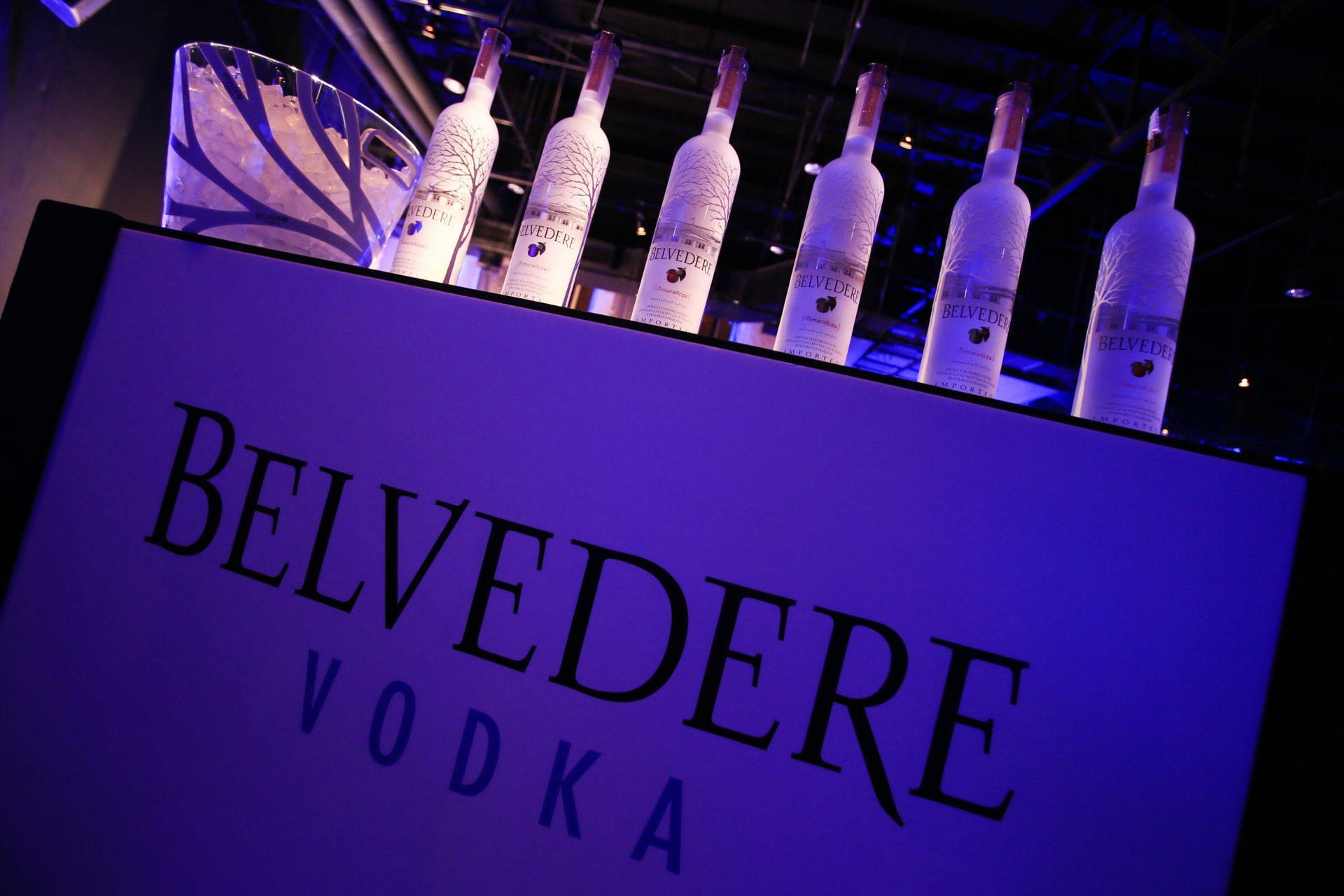 在活動中，Belvedere伏特加酒瓶放在紫色品牌展示架上，旁邊有冰桶。