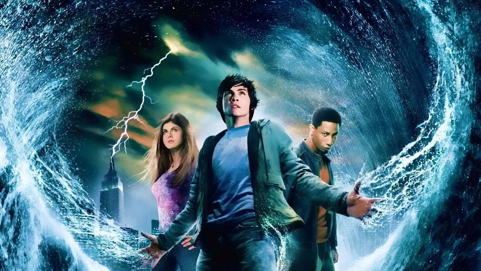 三名青少年在暴風雨城市上方的旋轉水漩渦中，伴有閃電。