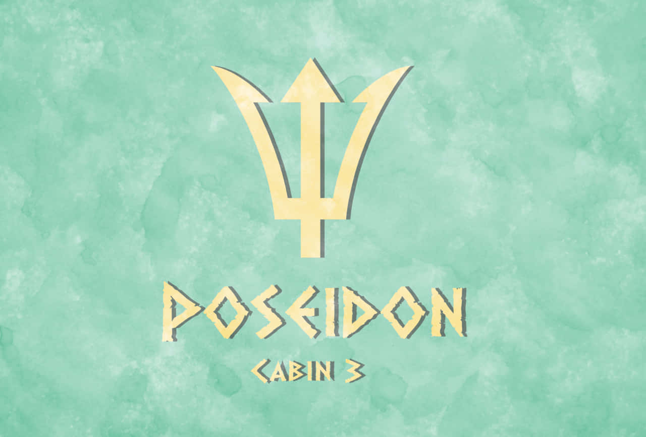 金色三叉戟同Poseidon Cabin 3文字，襯薄荷綠色水彩背景。