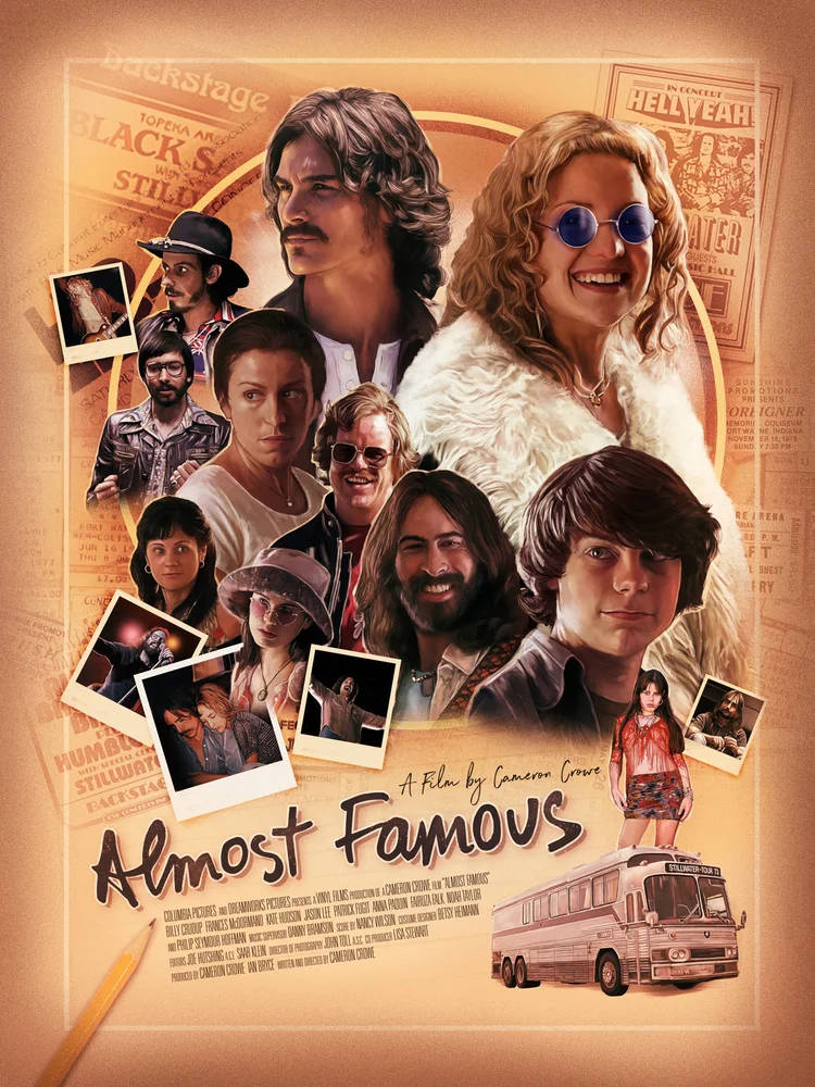 《Almost Famous》電影海報，展示樂隊成員和演員與旅遊巴士。