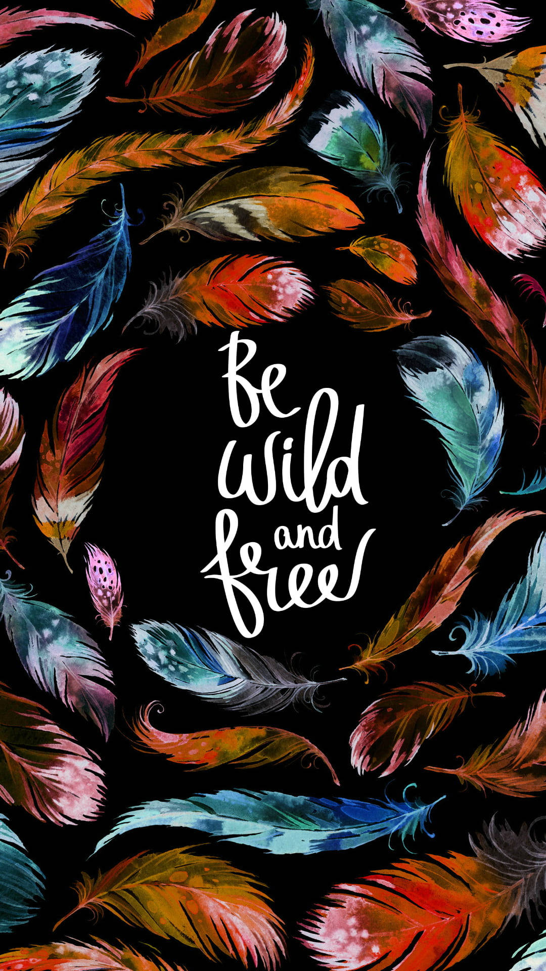 彩色羽毛在黑色背景上框住「Be Wild and Free」這句話。