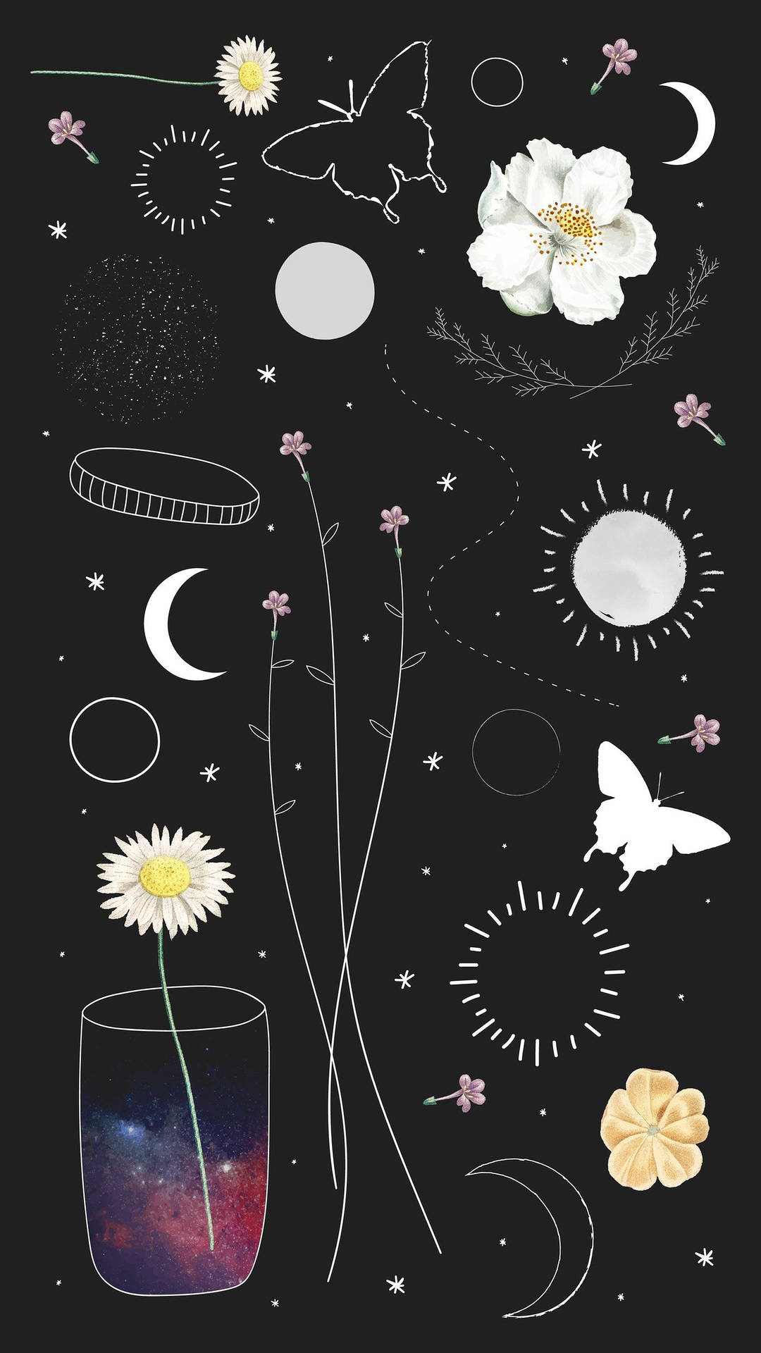白色花朵、蝴蝶和天體符號在帶有星系花瓶的黑暗宇宙背景中漂浮。