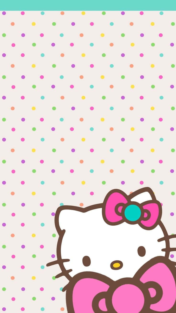 波點Sanrio手機壁紙 壁紙 — Hello Kitty 從右下角探出頭來，背景是帶有彩虹圓點的粉彩圓點圖案。