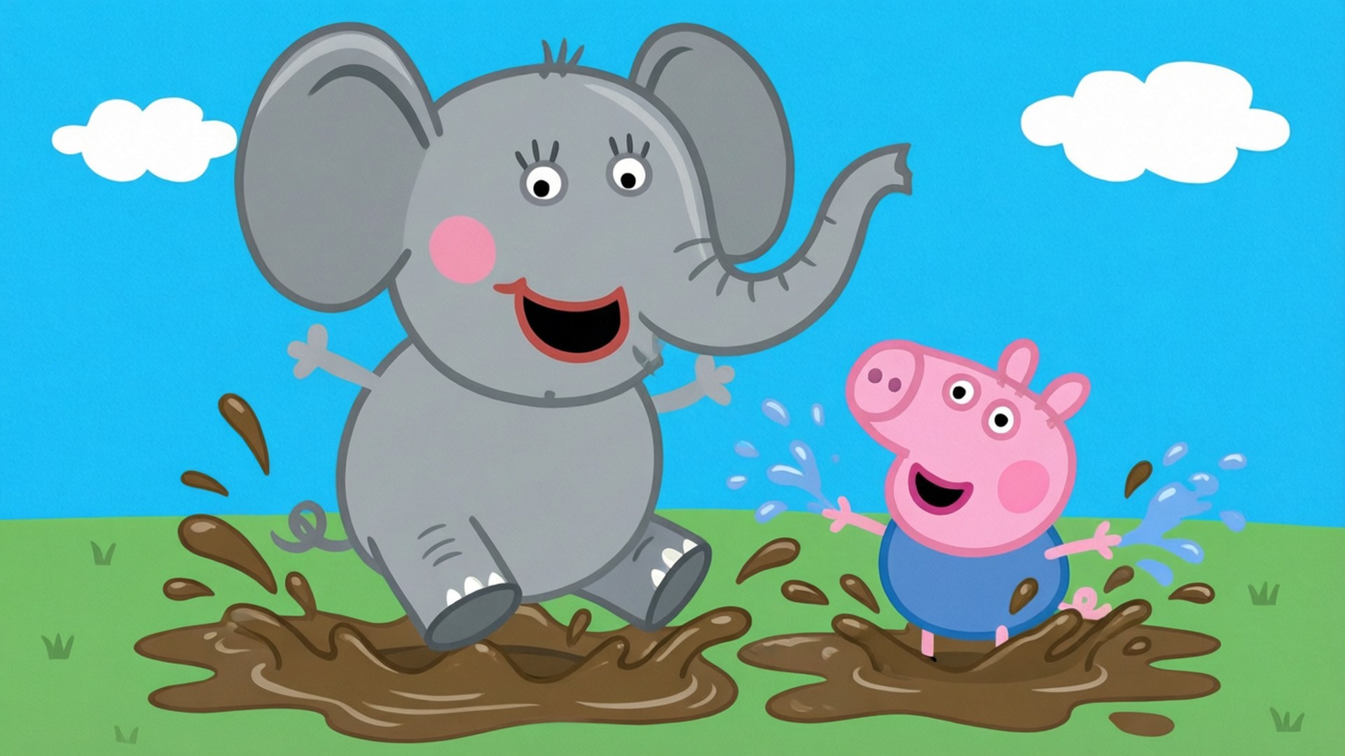 Peppa Pig 和一隻大象在戶外泥坑玩耍。
