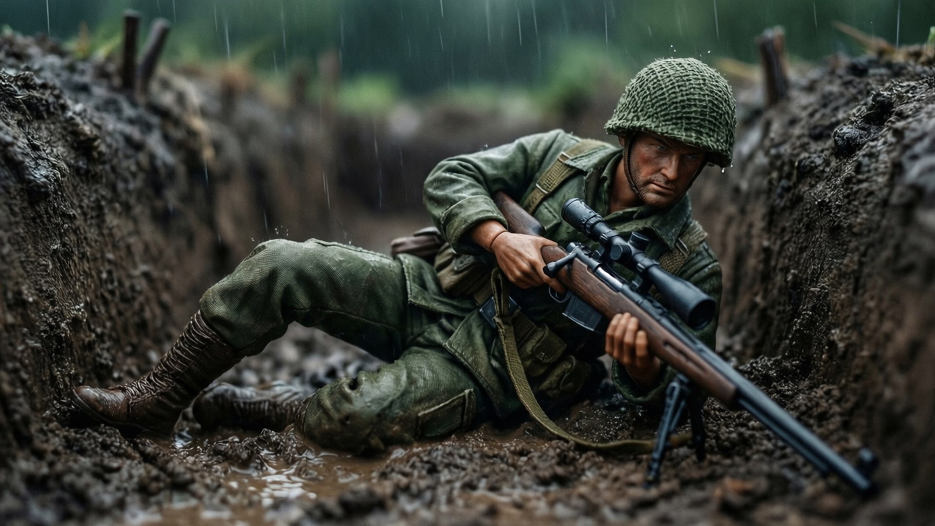 泥濘戰壕中士兵在雨中持步槍