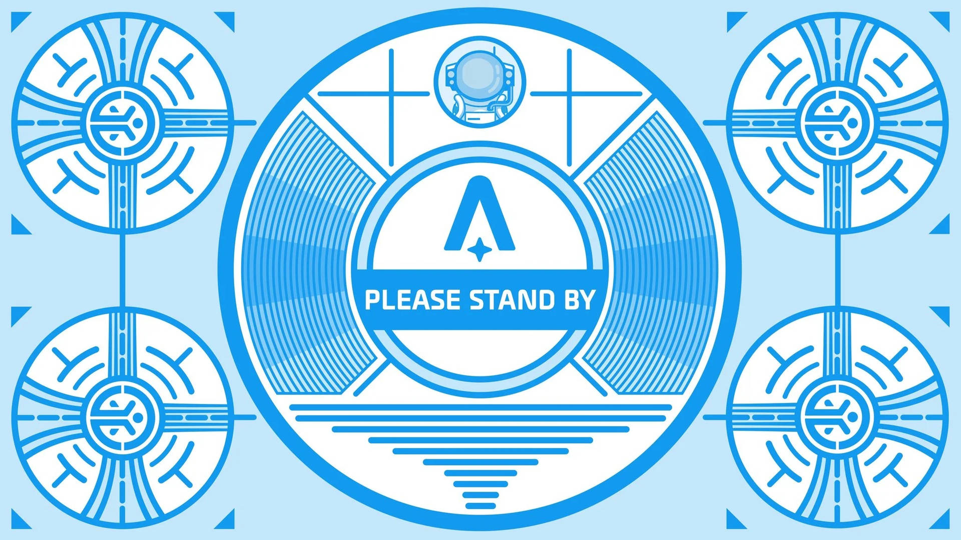 復古未來風格的太空介面，帶有藍白相間的「PLEASE STAND BY」訊息。