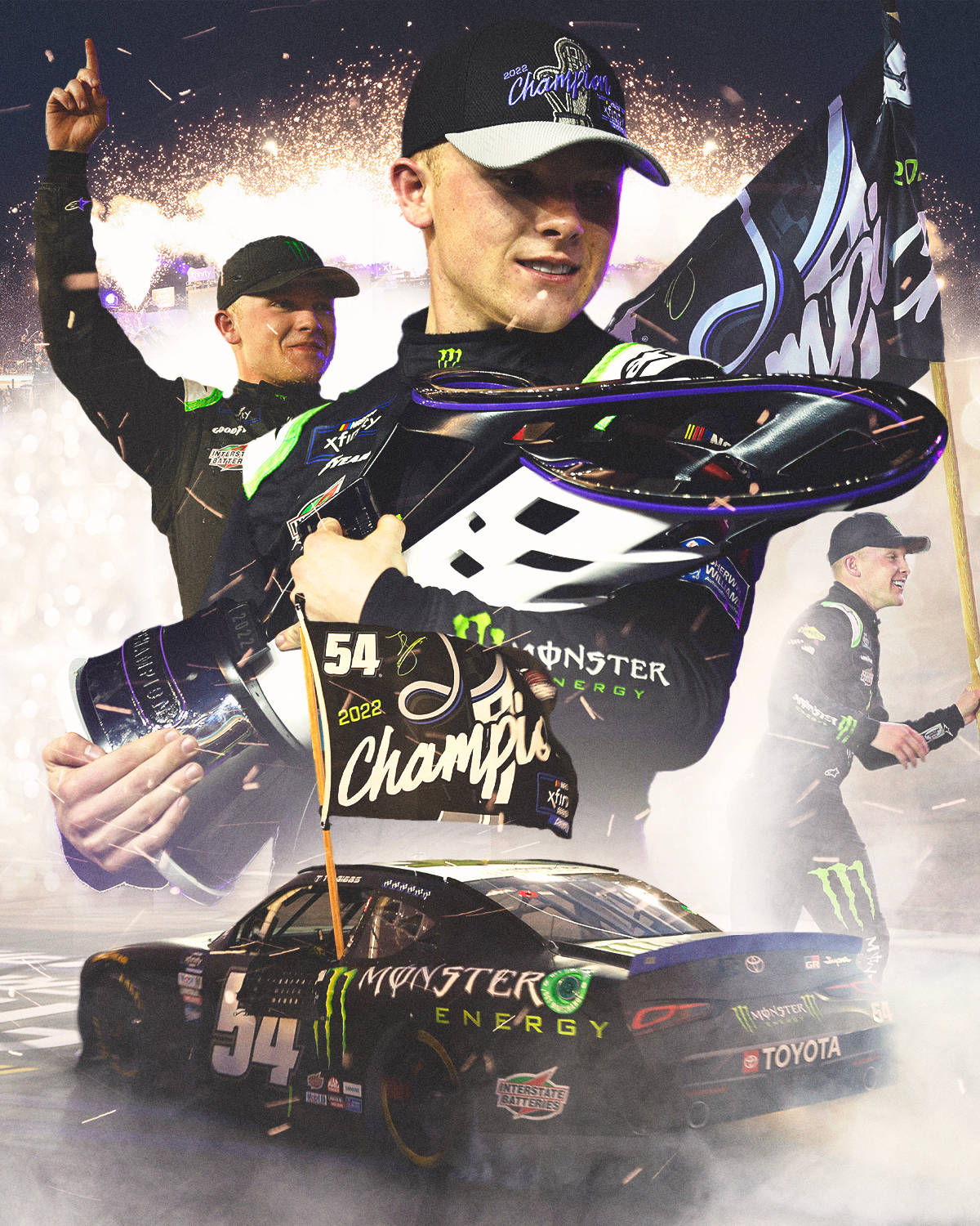 NASCAR車手在煙花下以獎盃和旗幟慶祝2022年冠軍。