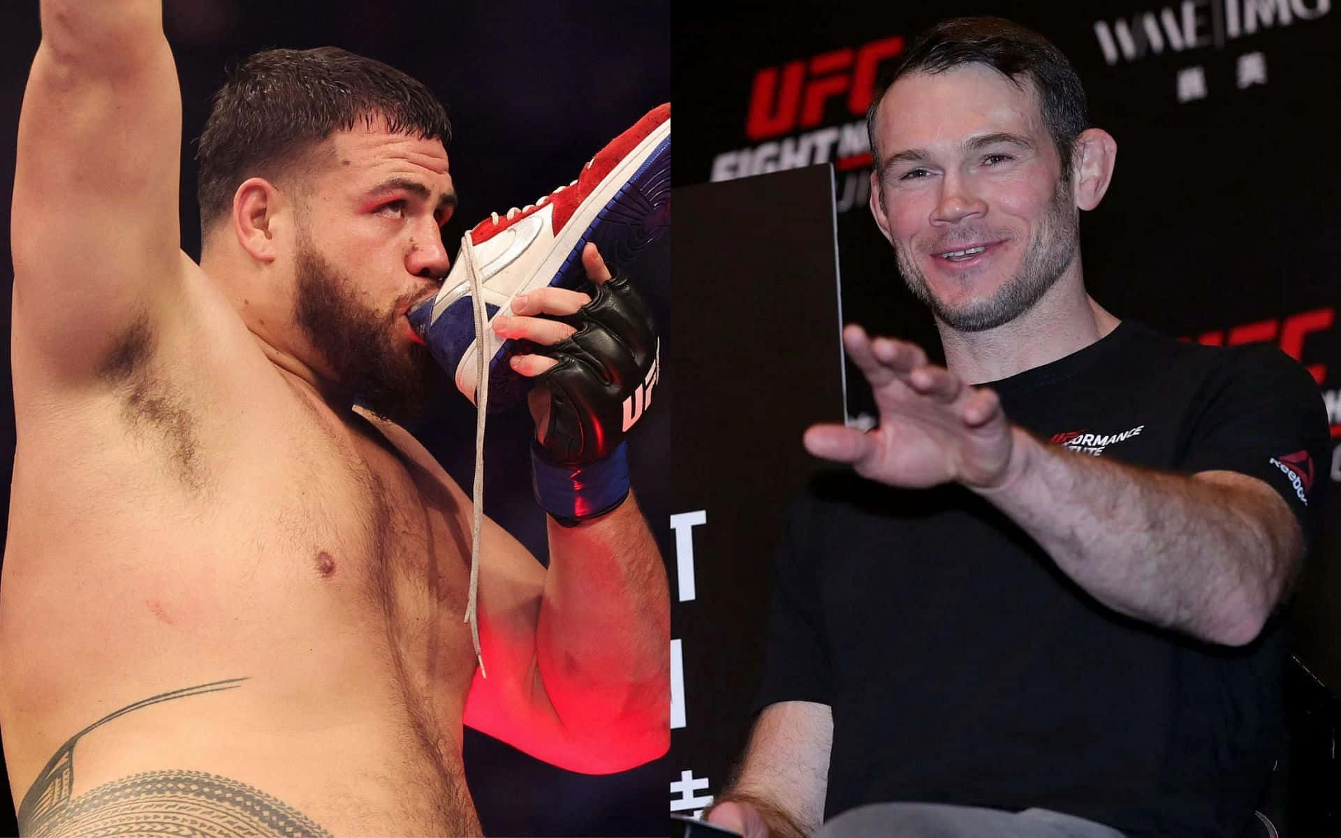 兩名男性MMA拳手，一人慶祝勝利，另一人在記者會上微笑。