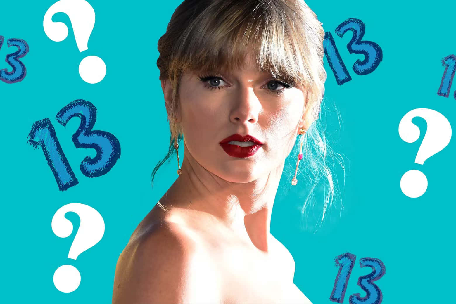 泰勒·斯威夫特最愛的數字十三背景 壁紙 — Taylor Swift 喺一個散落著大膽藍色13同白色問號嘅青綠色背景前凝視。
