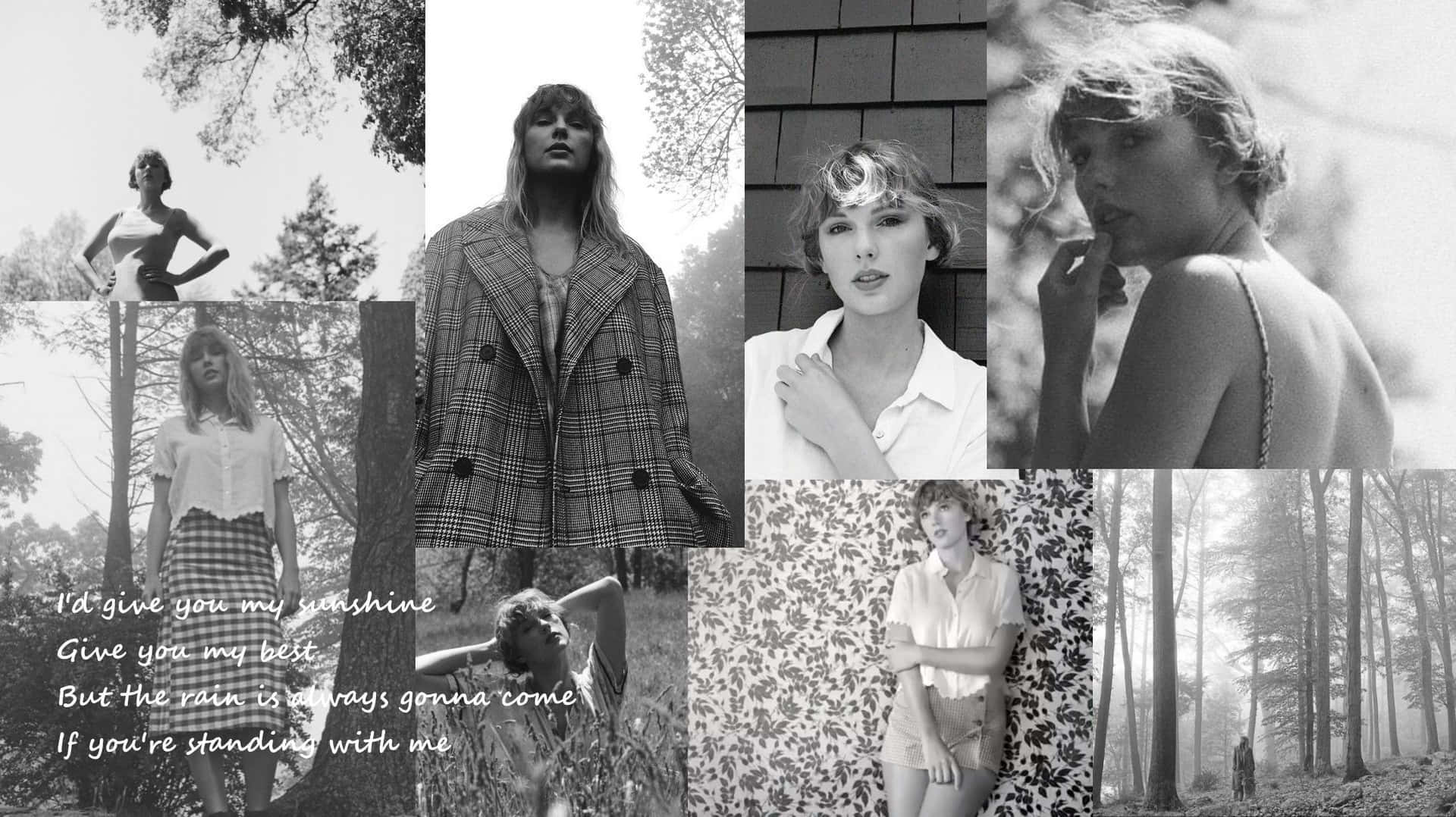 Taylor Swift 在森林和城市環境中穿著格紋和圖案服裝的黑白拼貼畫。