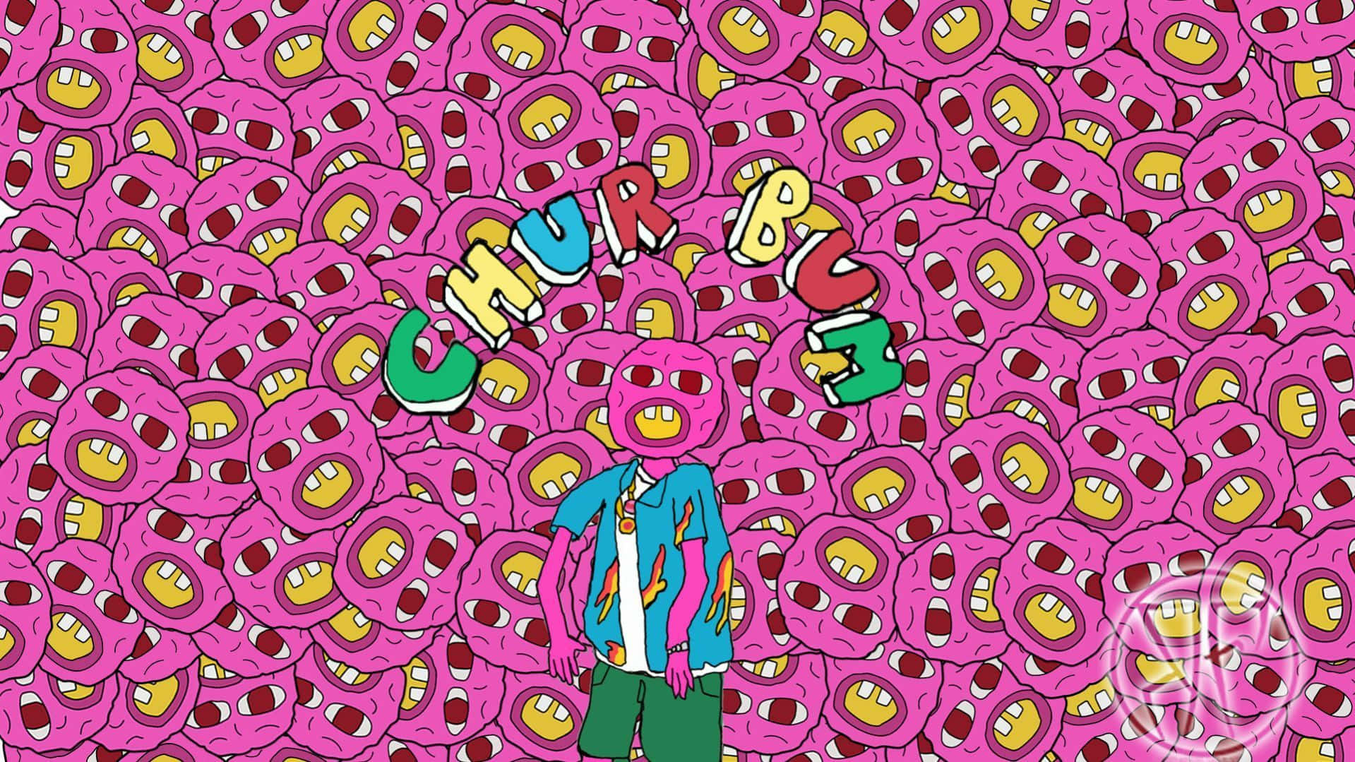 卡通角色在粉紅色冬甩圖案前，帶有「CHURRO」文字。