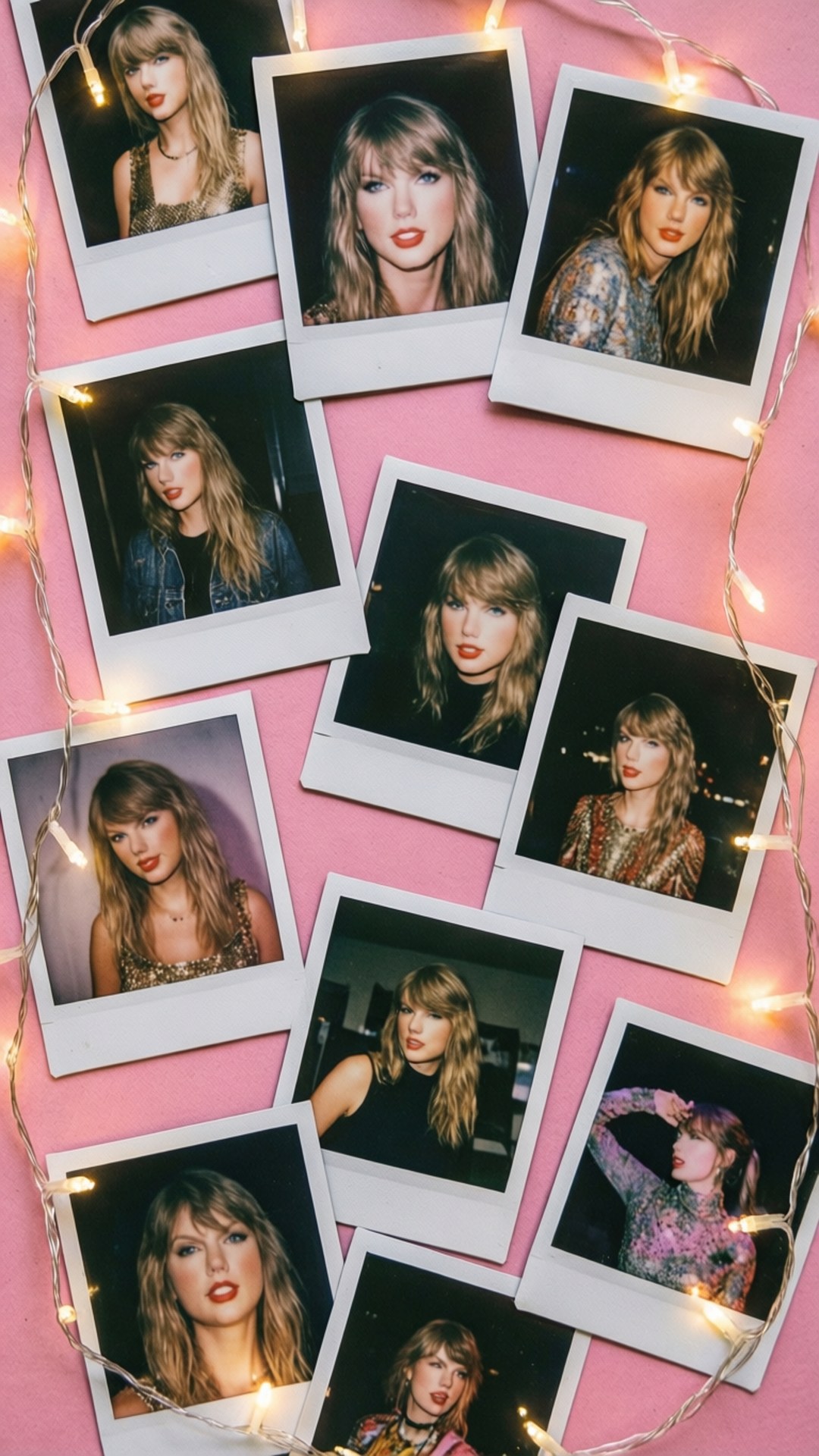 Taylor Swift 的寶麗來照片在粉紅色背景上，配有燈串。