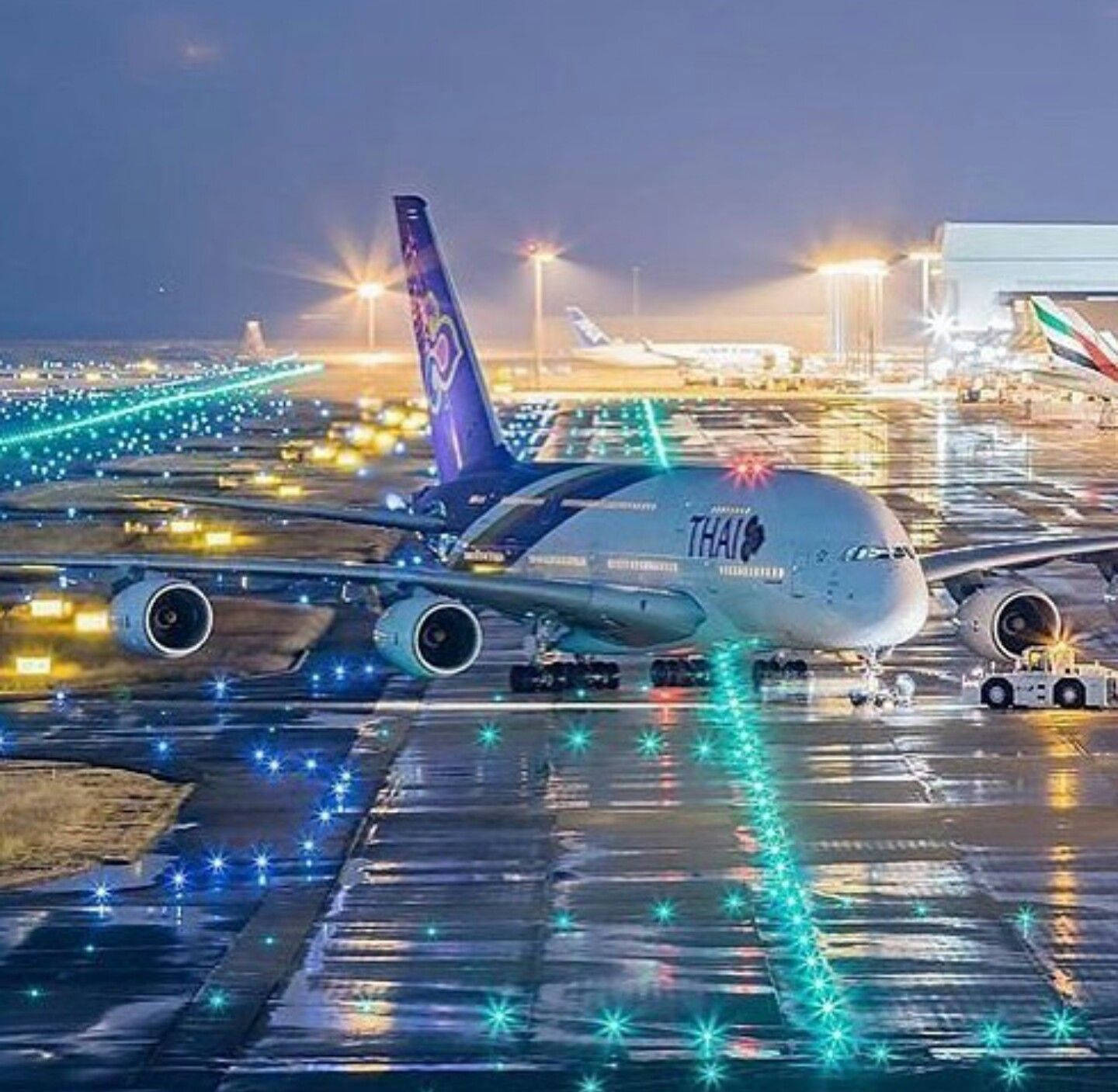 泰國航空A380在夜間濕滑跑道上，發光藍色燈光在水坑中反射。