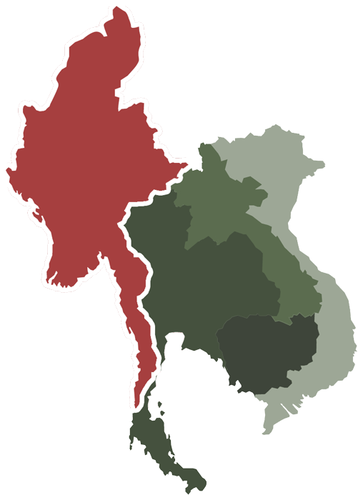 泰國地區彩色地圖 壁紙 — 一張風格化地圖，以黑色背景顯示緬甸為紅色，鄰近地區為柔和綠色。
