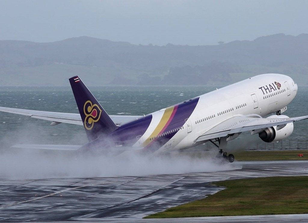 泰國航空噴射機在雨天潮濕跑道上降落，背景有山脈。