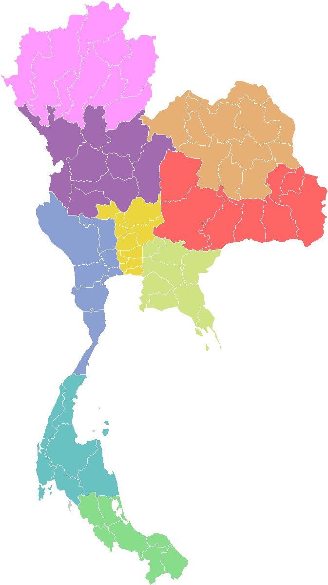 泰國行政區劃地圖 壁紙 — 一張色彩繽紛的泰國政治地圖，省份在黑色背景上以鮮豔色調清晰著色。