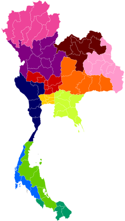 泰國行政區劃地圖 壁紙 — 一幅色彩繽紛的泰國政治地圖，省份在黑色背景上以鮮豔色調清晰勾勒並著色。