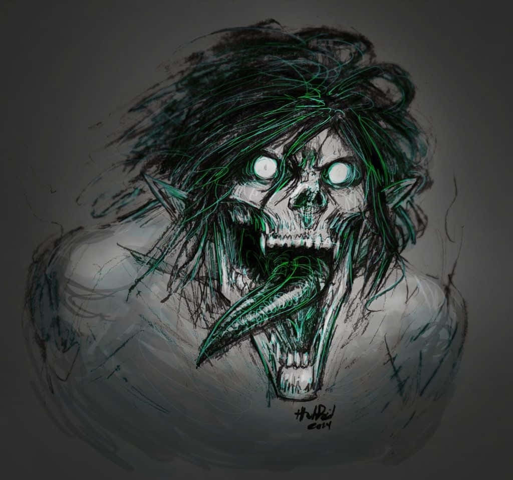 泰坦艾倫·耶格同人藝術 壁紙 — 一個猙獰的骷髏臉生物，眼睛發光，綠色觸鬚從頭髮和嘴巴中扭動而出。