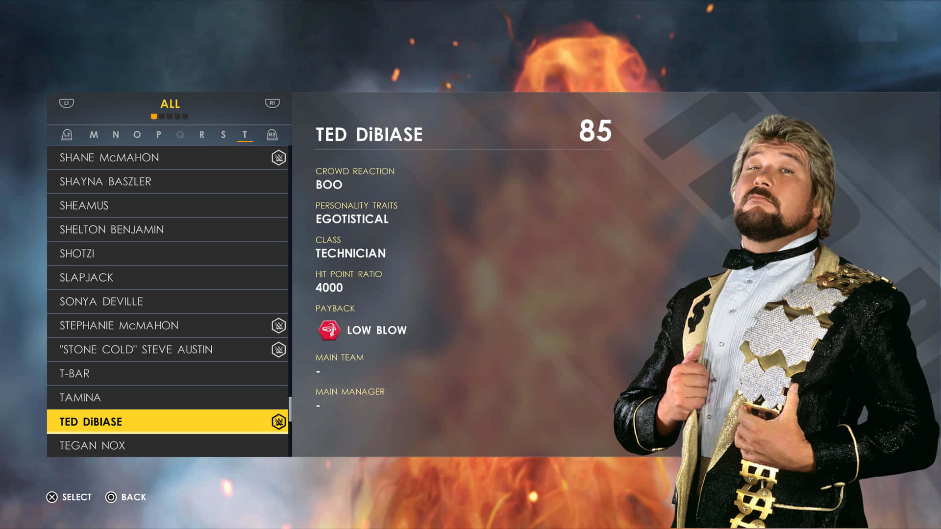 摔角手 Ted DiBiase 身穿黑色金色套裝，在遊戲選單中帶有火熱背景。
