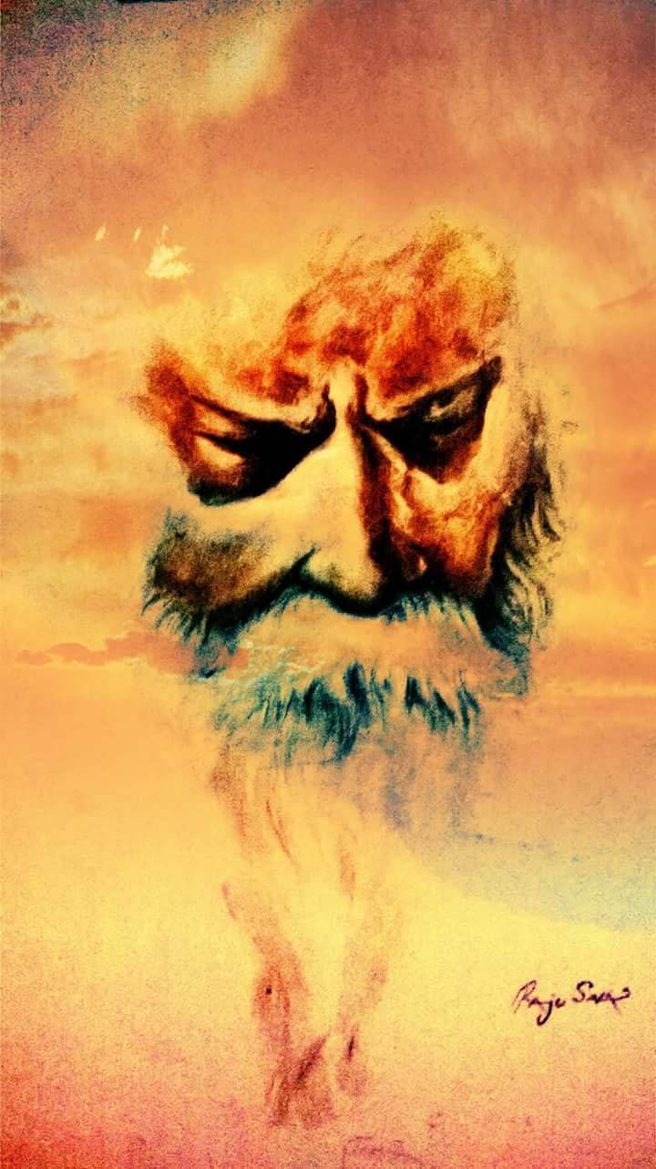 一幅繪畫肖像，描繪一位鬍鬚男子在火熱天空背景下露出嚴肅表情。