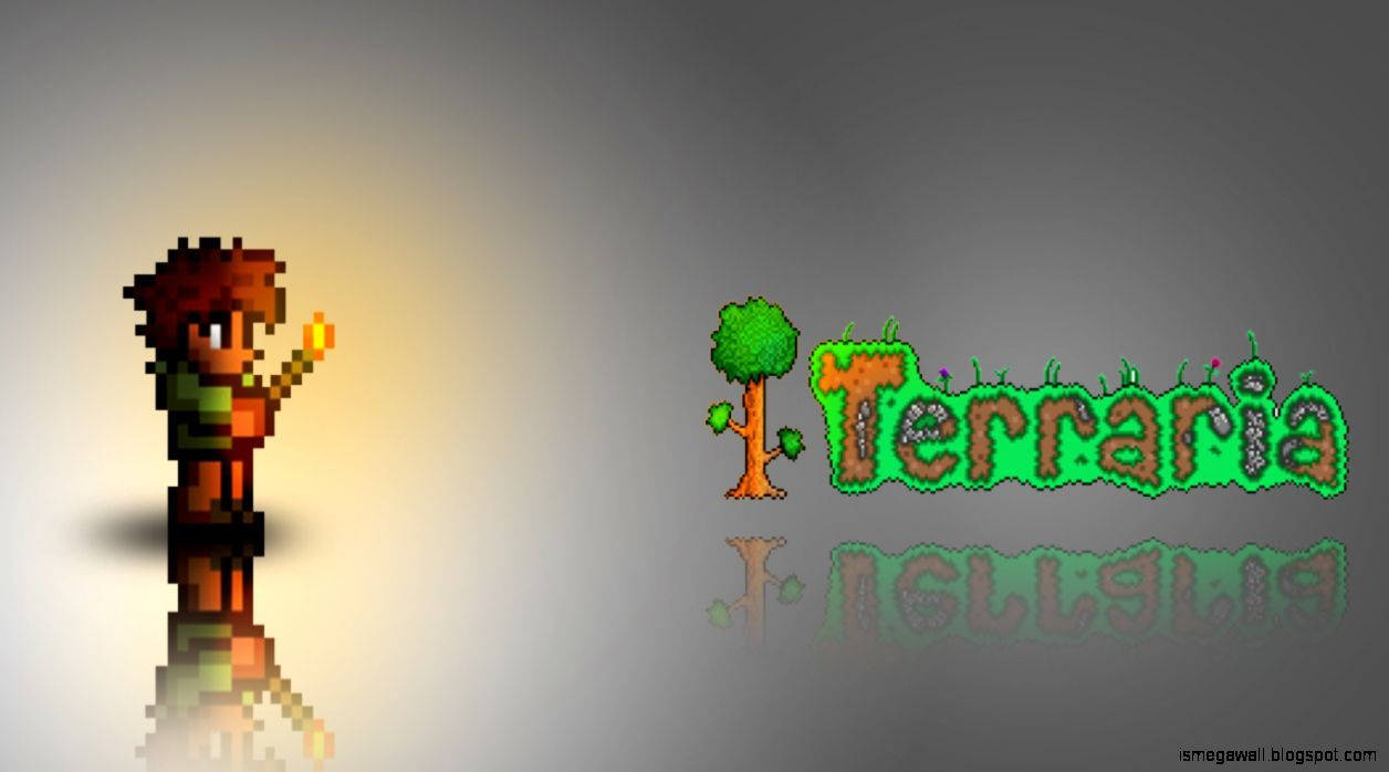 像素化 Terraria 遊戲標誌，帶有手持火炬的角色和樹木。