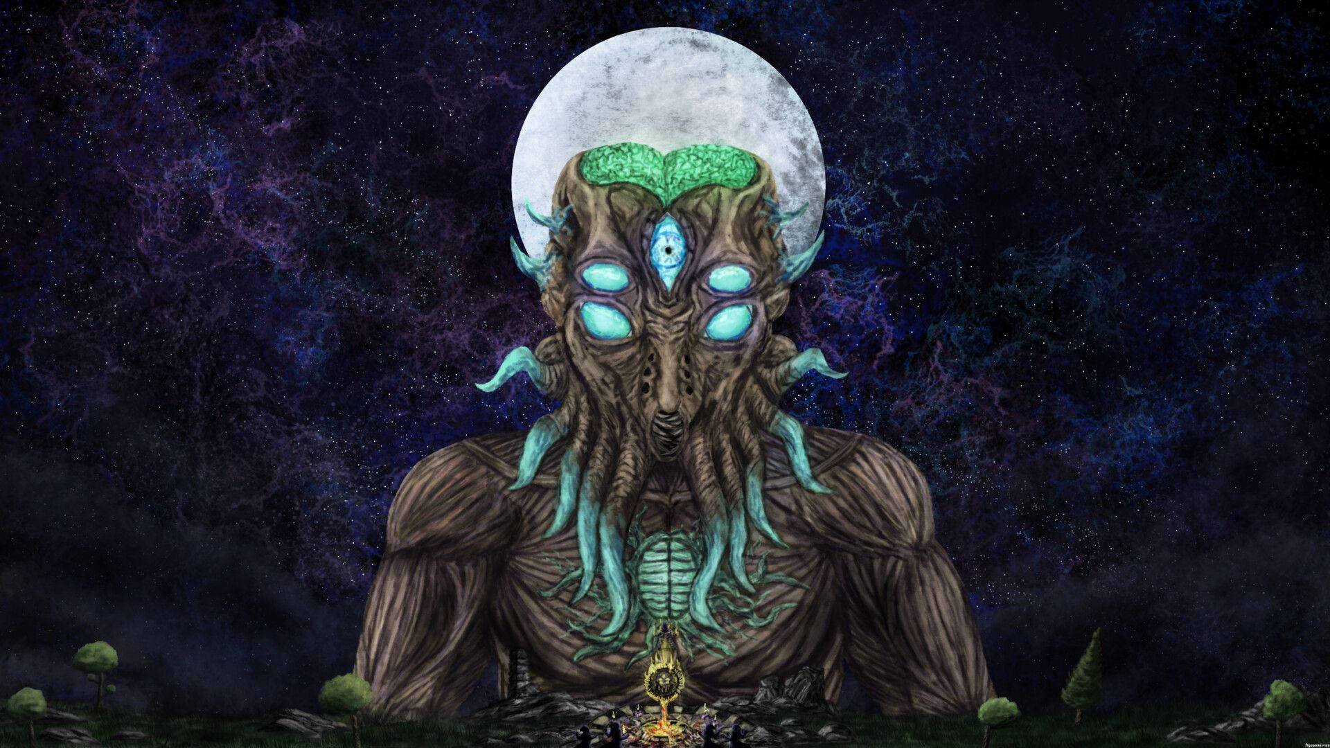 滿月下擁有發光眼睛和觸手的巨大宇宙怪物。