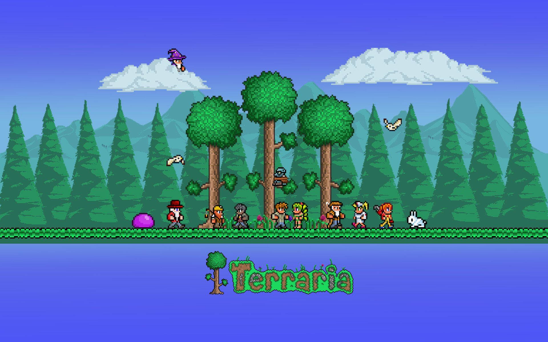 Terraria 遊戲角色在森林中，有山脈和飛天女巫
