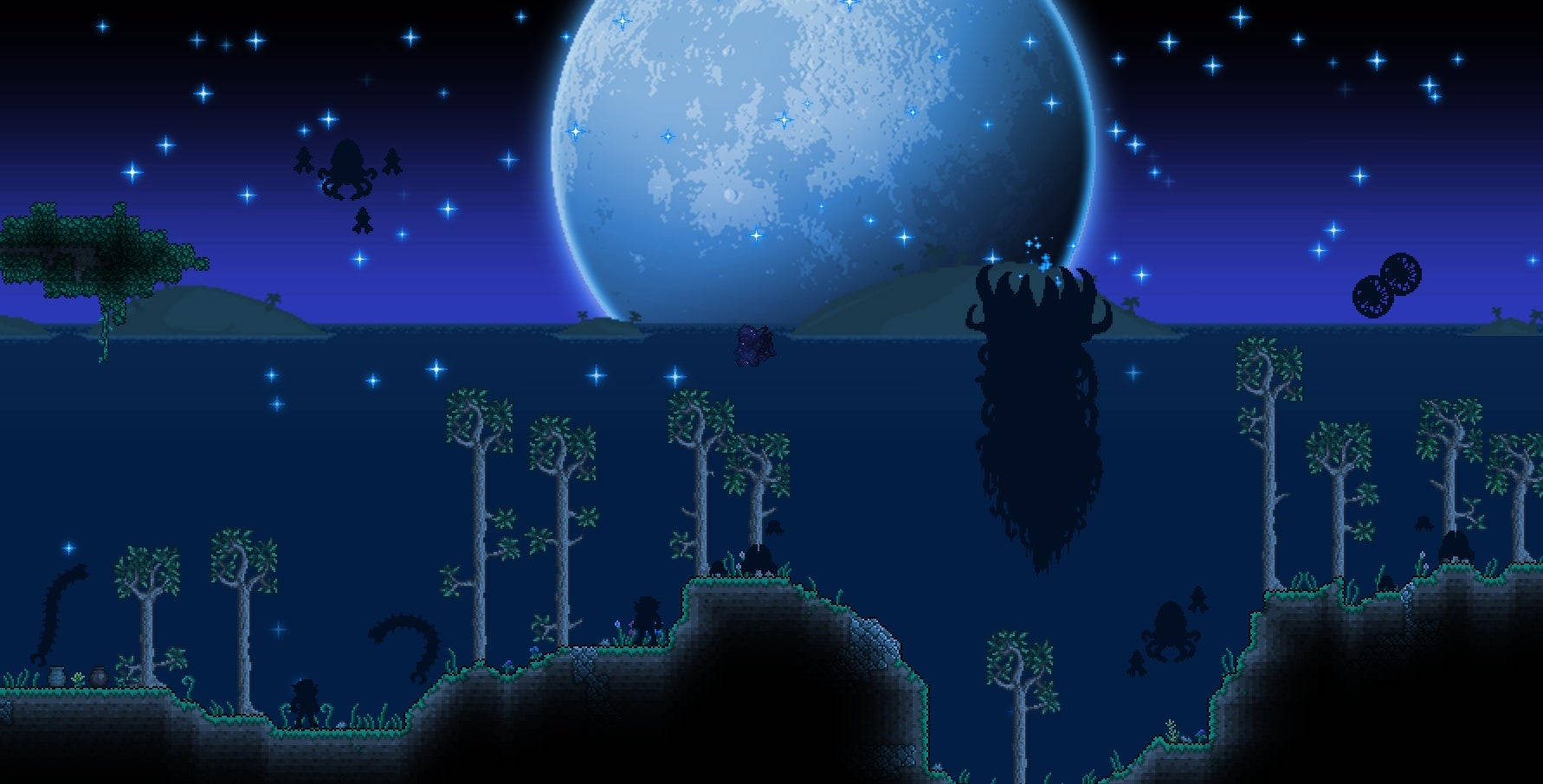 像素藝術夜景，有藍色月亮、星星，以及海洋中的樹木和生物的剪影。