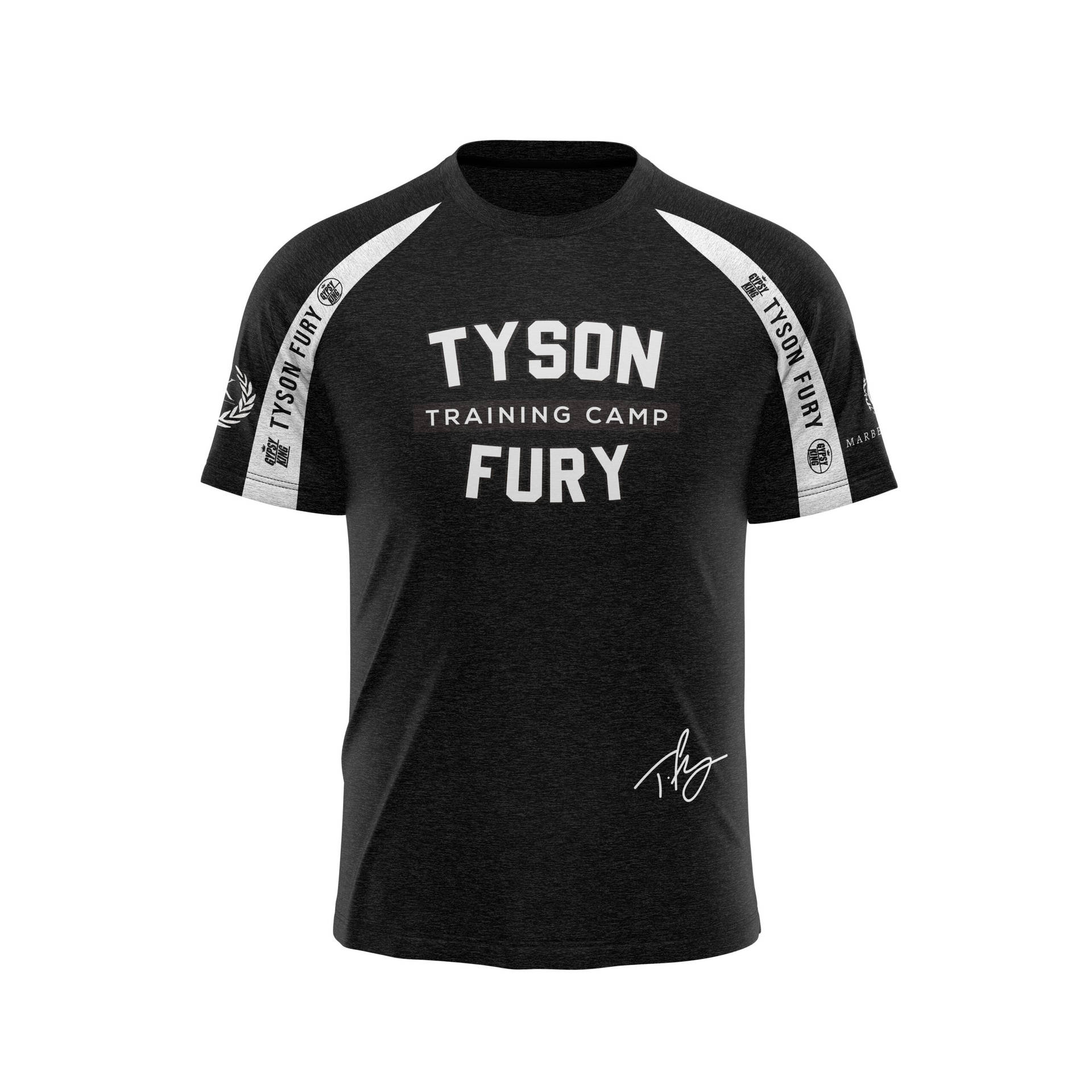 黑色訓練T恤，帶有Tyson Fury品牌標誌及簽名