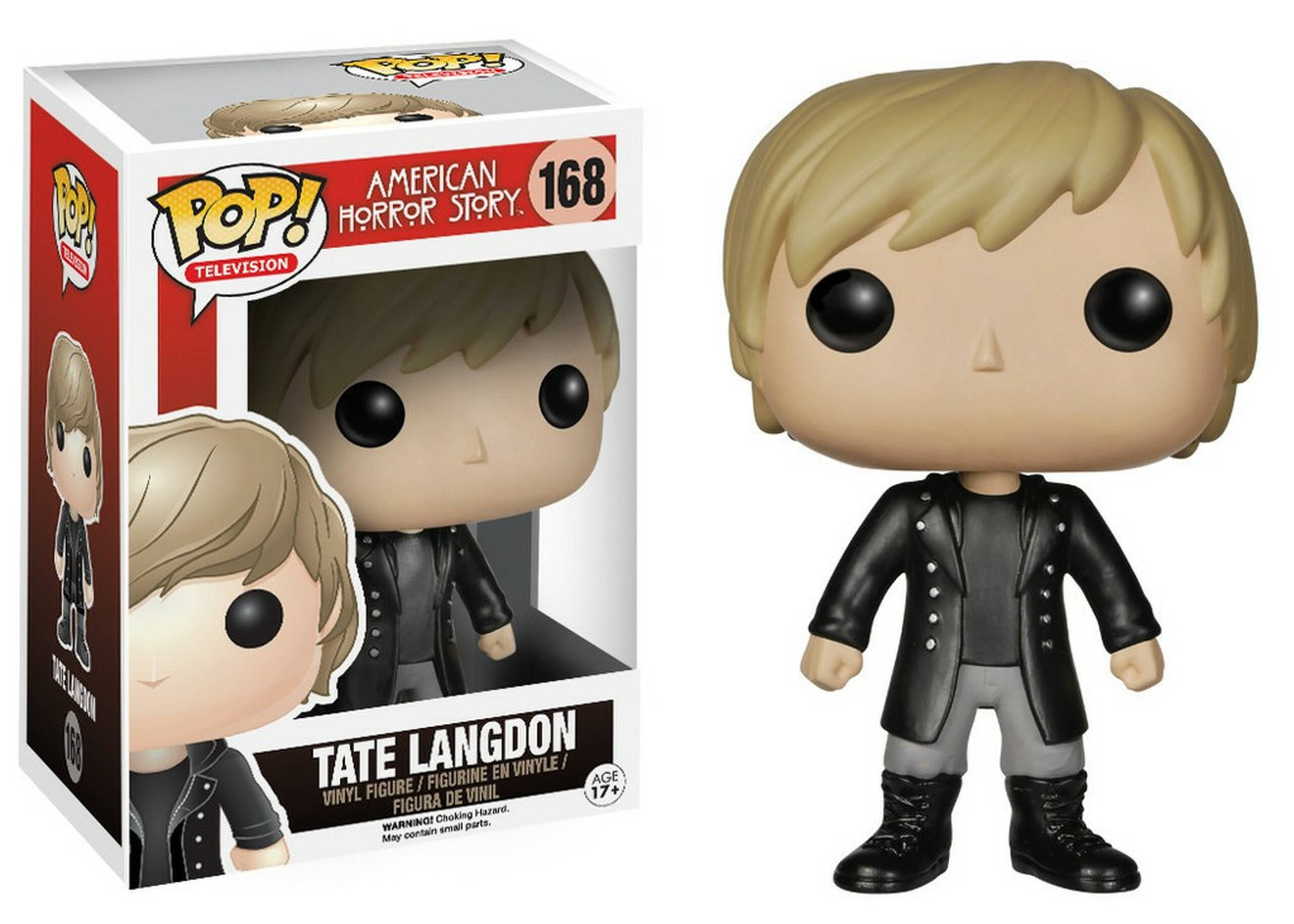泰特·蘭頓動態人偶 壁紙 — 來自《美國恐怖故事》的 Tate Langdon Funko Pop! 搪膠公仔，旁邊是其品牌盒子，背景為純白色。