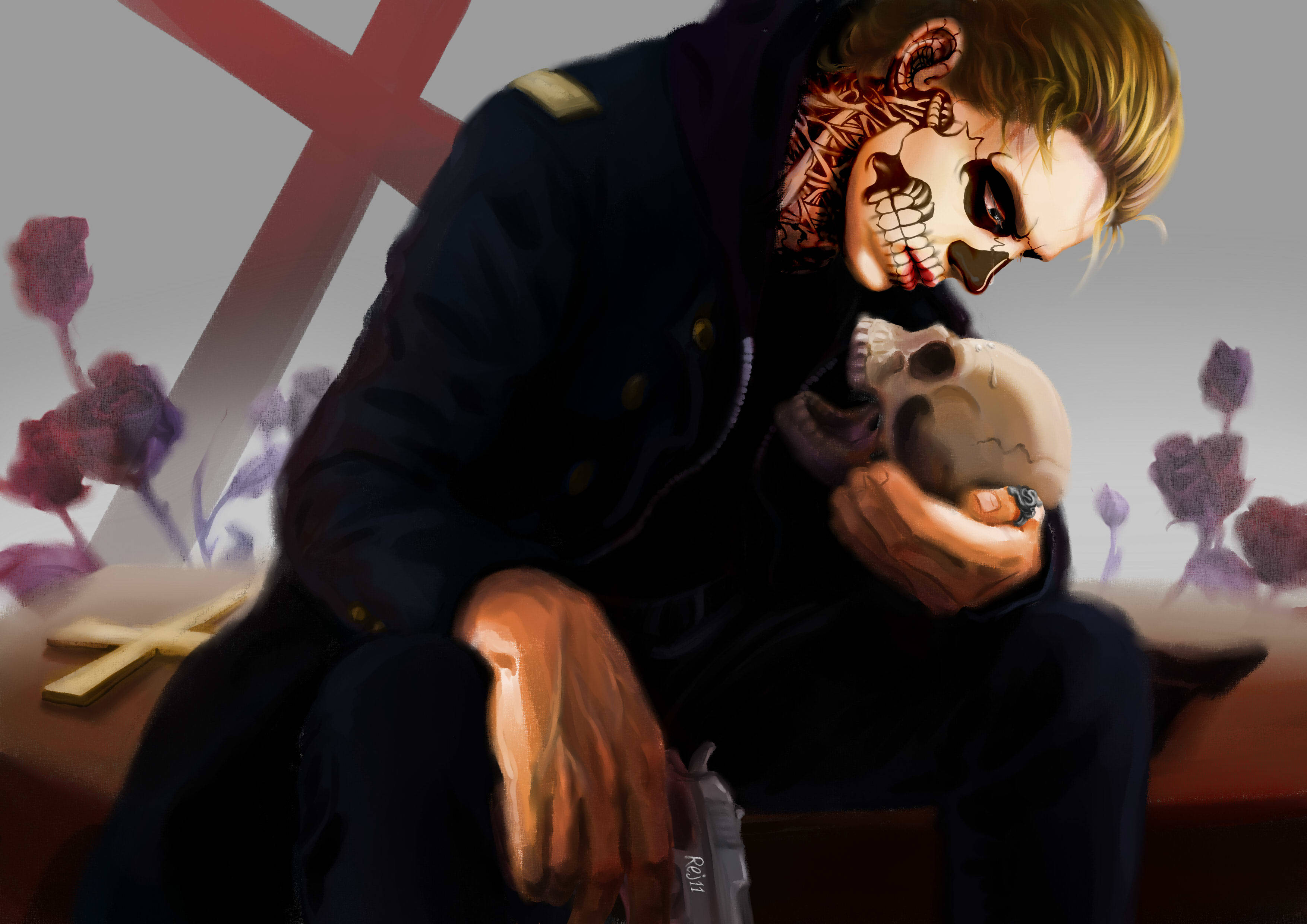泰特·蘭頓骷髏 壁紙 — 一個骷髏臉的男人穿著深色外套，坐在十字架和紫色玫瑰旁邊，懷裡抱著一個頭骨。