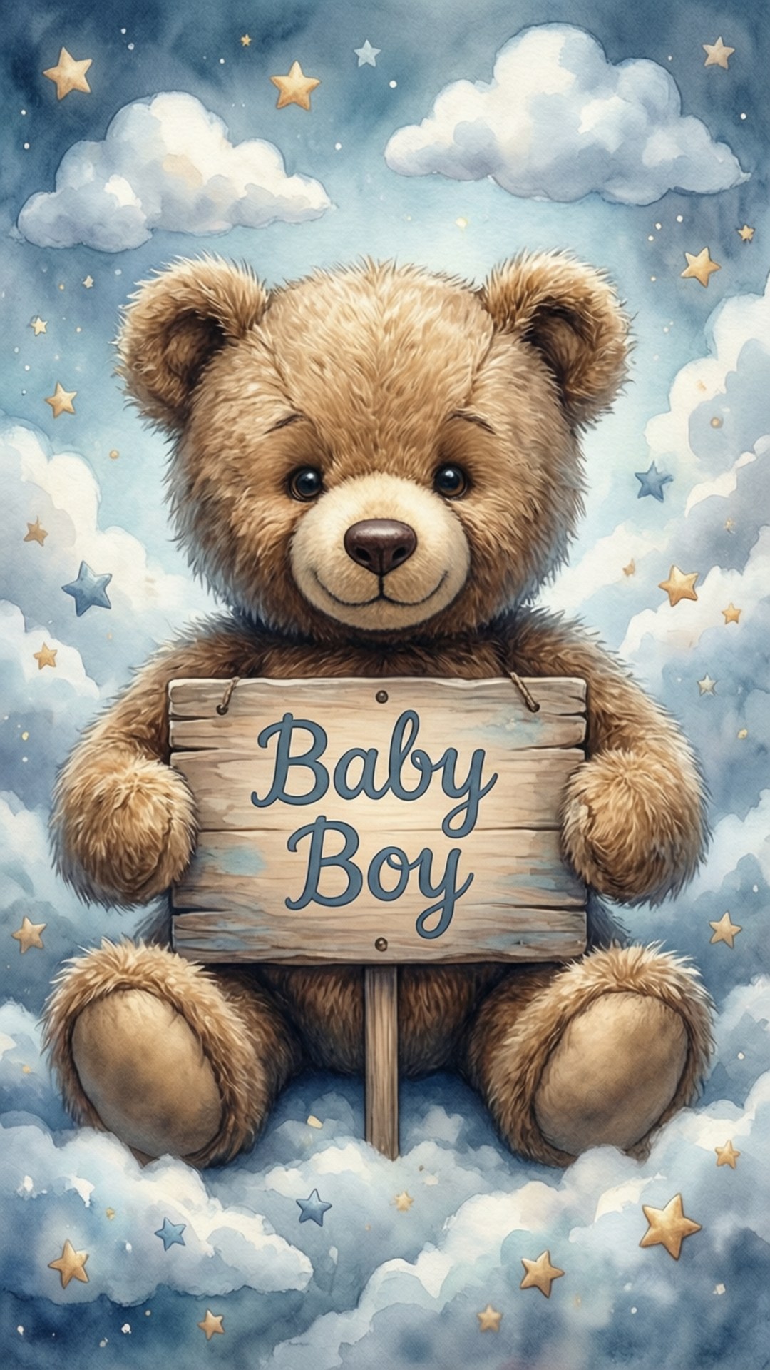 一隻泰迪熊在星空和雲朵中舉著「Baby Boy」牌子。