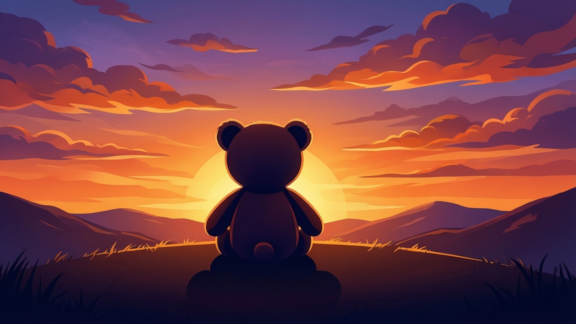 泰迪熊日落 壁紙 — 一隻毛絨絨的泰迪熊獨自坐在夕陽下的山丘上，在遠山上方鮮豔的橙色和紫色雲彩映襯下形成剪影。