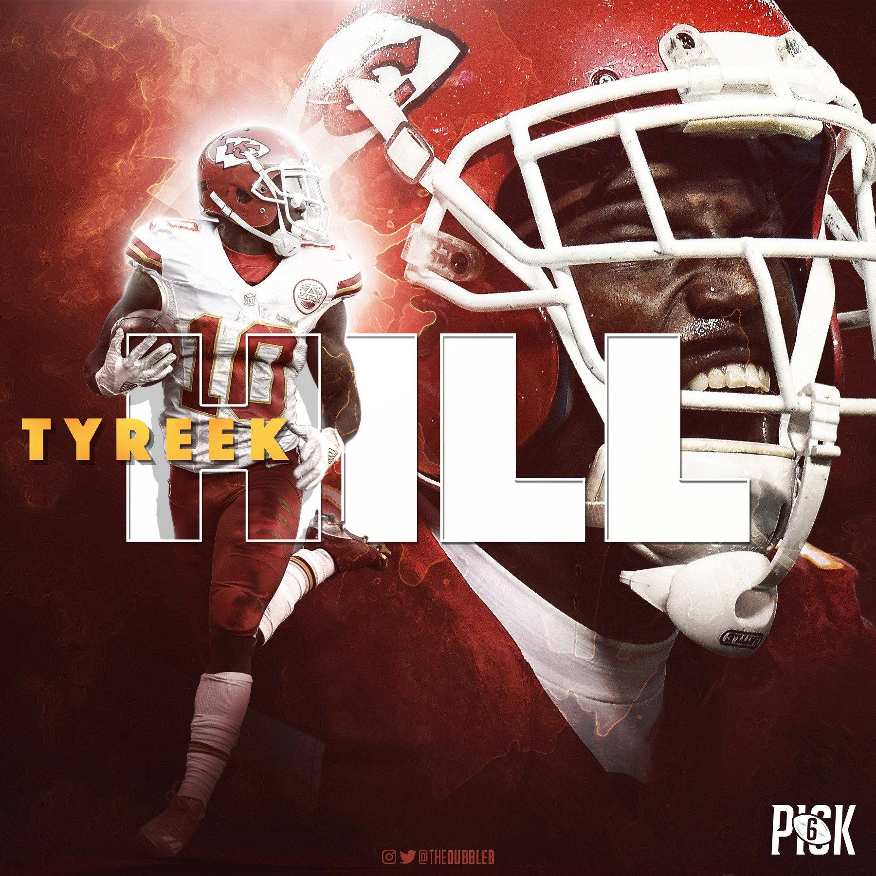 美式足球員Tyreek Hill身穿紅白球衣持球奔跑。
