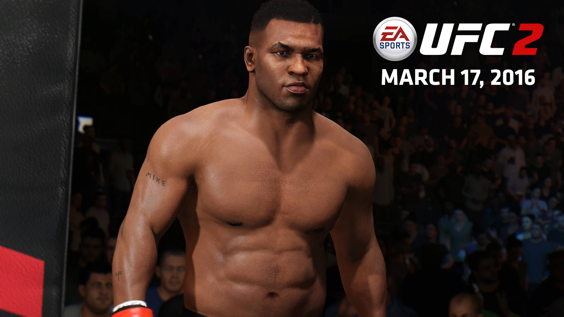 泰隆·伍德利 UFC 2 遊戲 壁紙 — 一個肌肉發達的戰士站在UFC八角籠中，身後有群眾在競技場燈光下。
