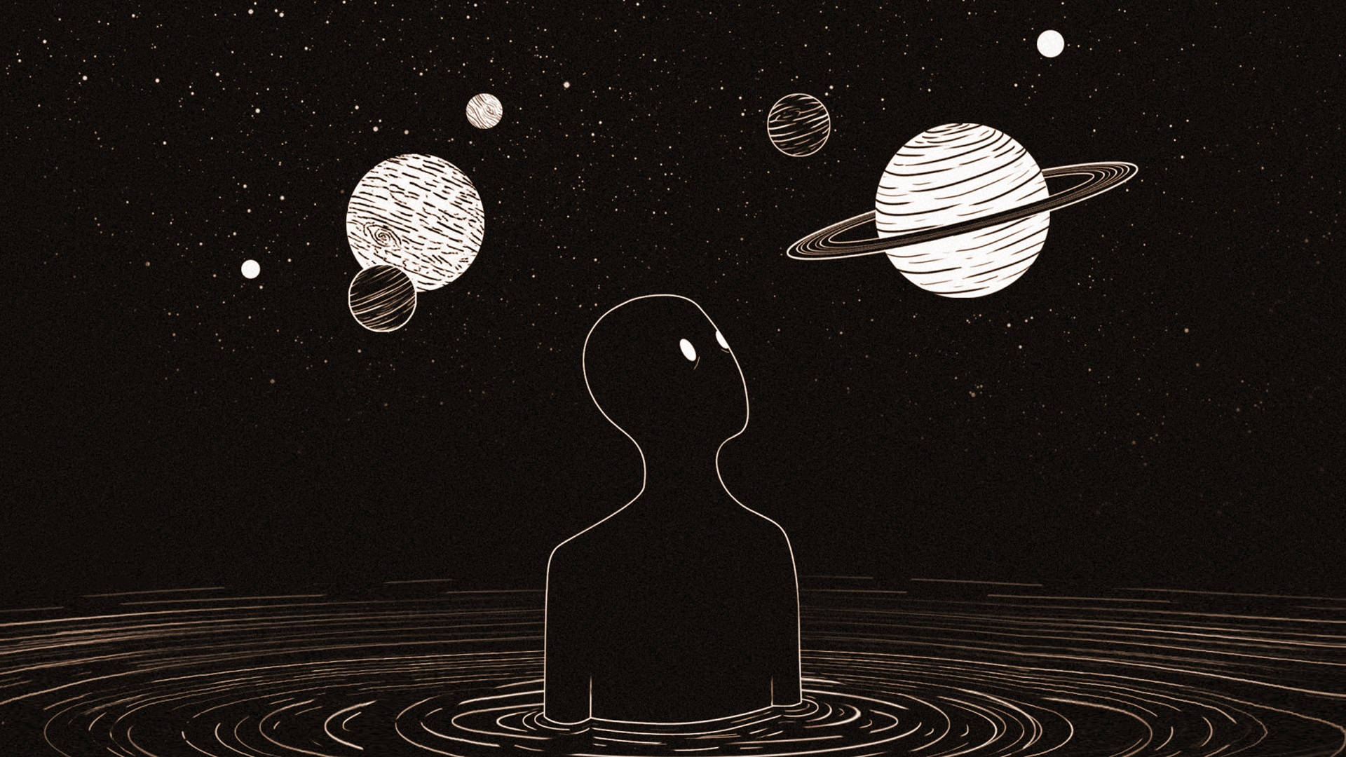 泳池中的神秘男子仰望行星 壁紙 — 一個極簡剪影站在漣漪的水中，仰望佈滿風格化行星的星空。