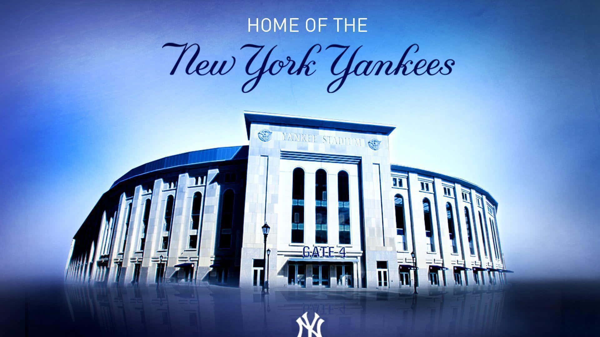 洋基體育館入口，藍天和「Home of the New York Yankees」文字。