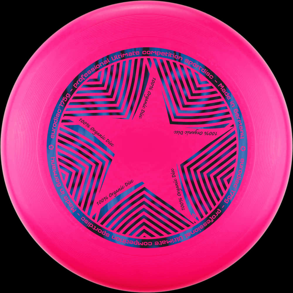 洋紅星形飛盤最佳 Ultimate Frisbee 背景 壁紙 — 一個充滿活力的粉紅色終極飛盤，帶有醒目的藍色幾何星形圖案和文字，背景為黑色。