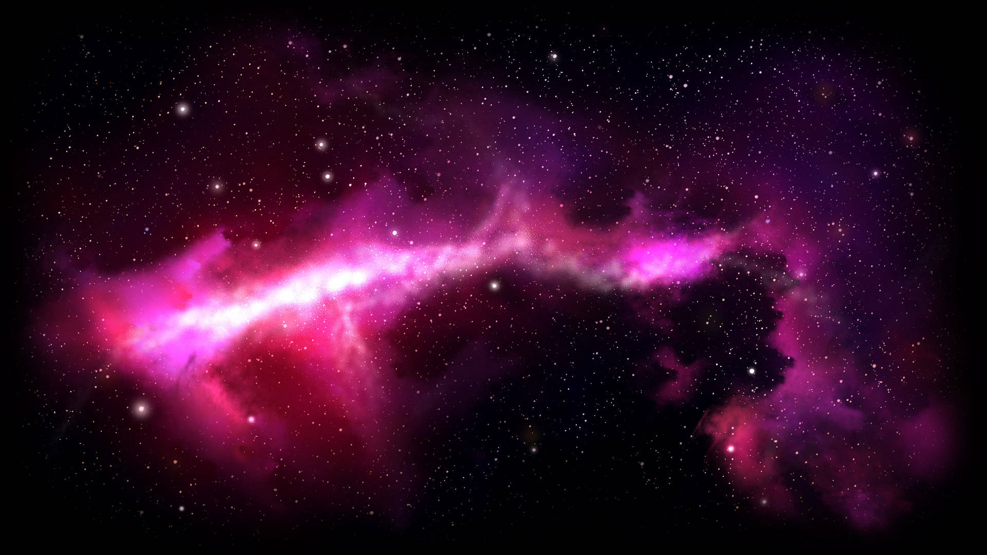 深空中帶有發光氣體雲和散落星星的充滿活力的粉紅色和紫色星雲。