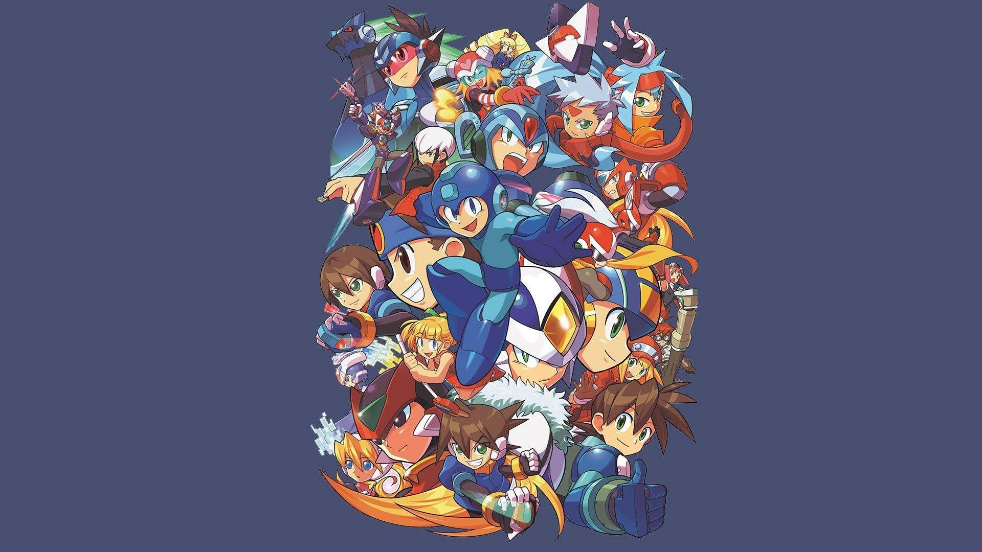 洛克人10 遊戲角色 壁紙 — 經典 Mega Man 角色以動感姿勢組成的鮮明拼貼畫，背景為純深藍色。