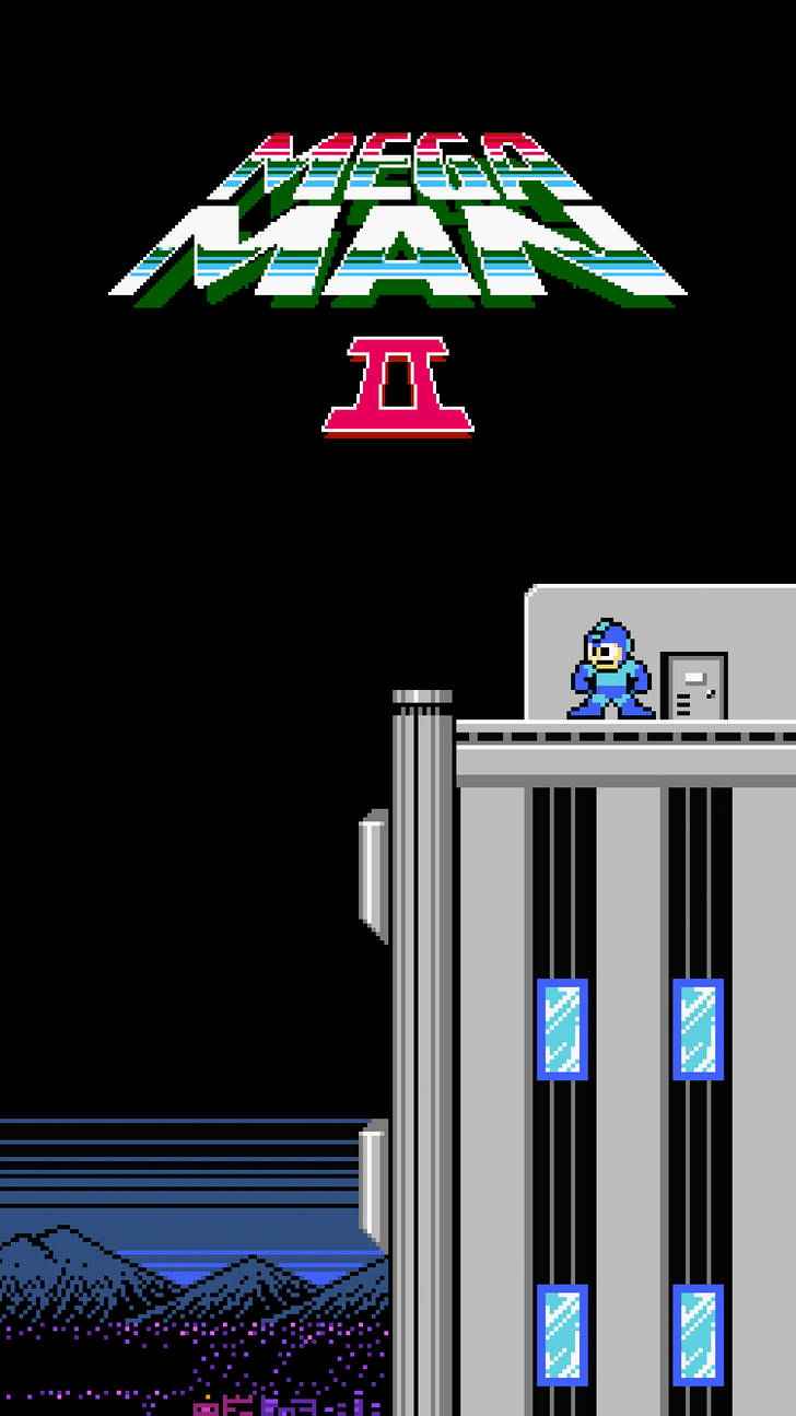 洛克人2 遊戲海報 壁紙 — 像素化的Mega Man II標題畫面顯示英雄站在塔頂，背景是黑暗的天空和遠處的山脈。